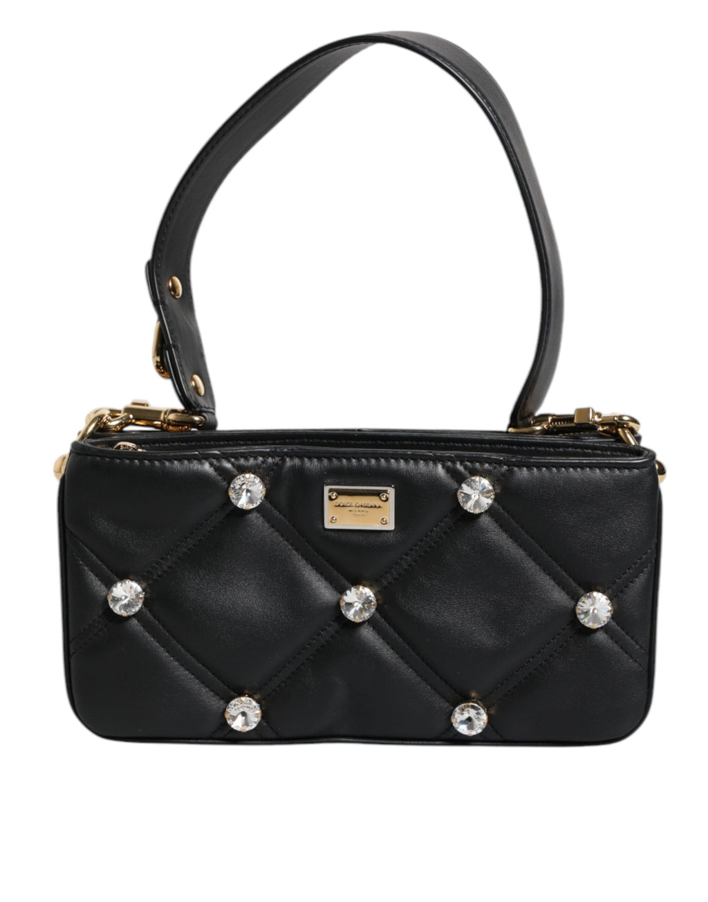 Dolce & Gabbana Schwarze Leder-Umhängetasche mit kristallbesetztem Logo