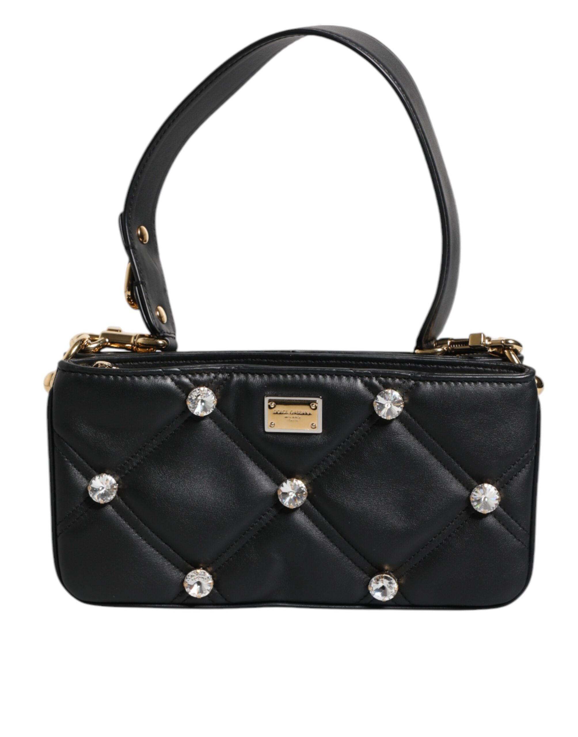 Dolce & Gabbana Schwarze Leder-Umhängetasche mit kristallbesetztem Logo