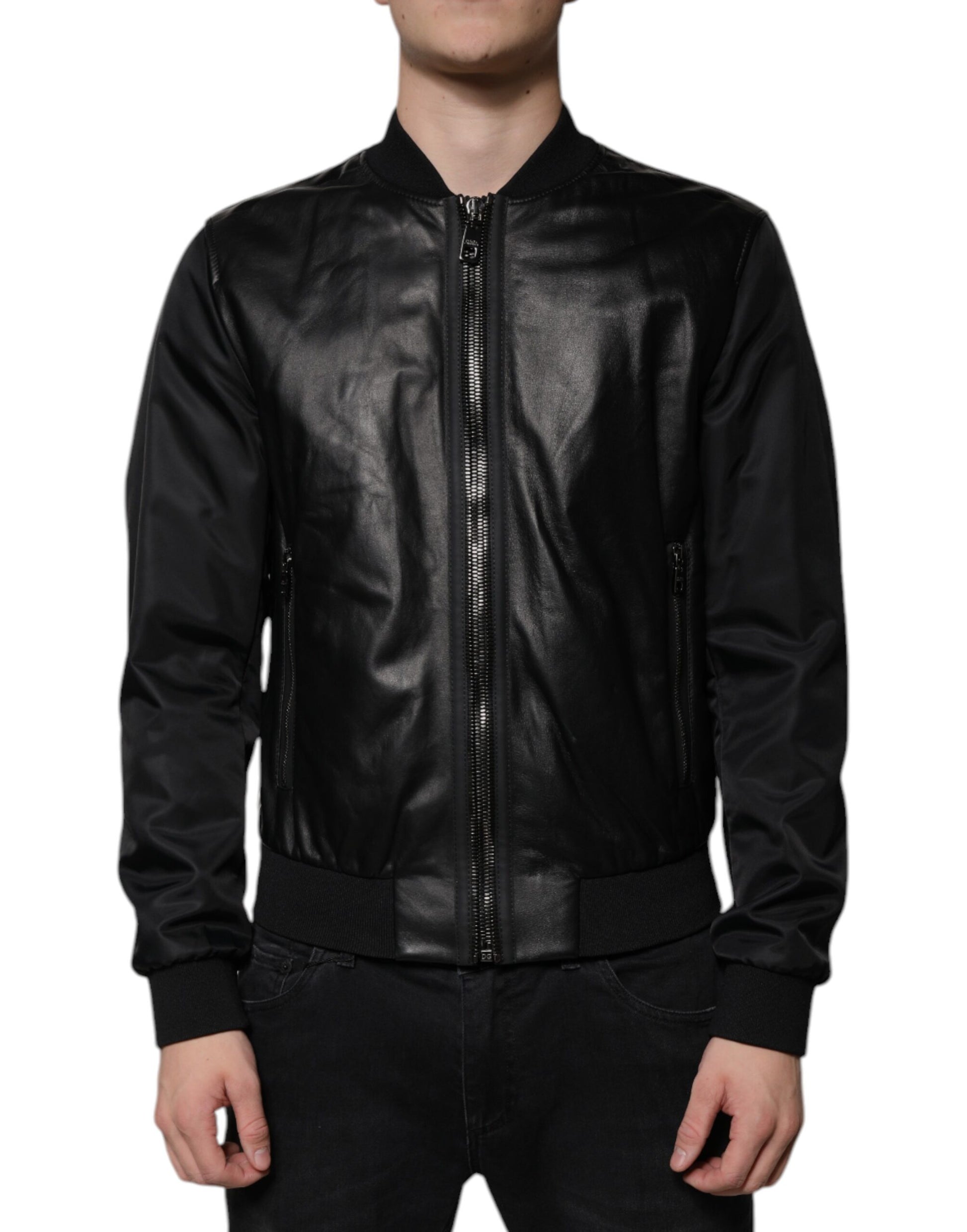 Dolce & Gabbana Schwarze Lammfell-Blouson-Jacke mit durchgehendem Reißverschluss