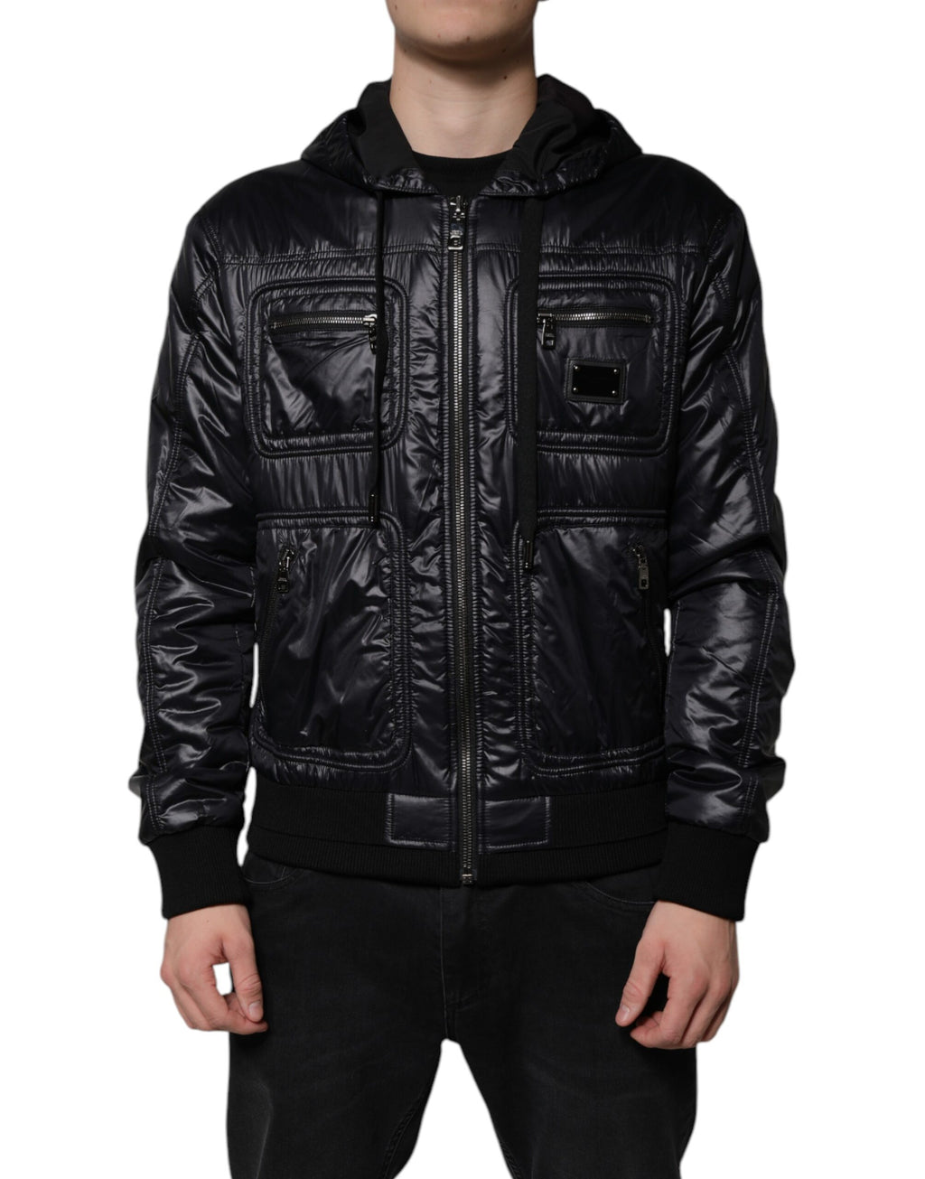 Dolce & Gabbana Schwarze Nylon Blousonjacke mit Kapuze und Reißverschluss