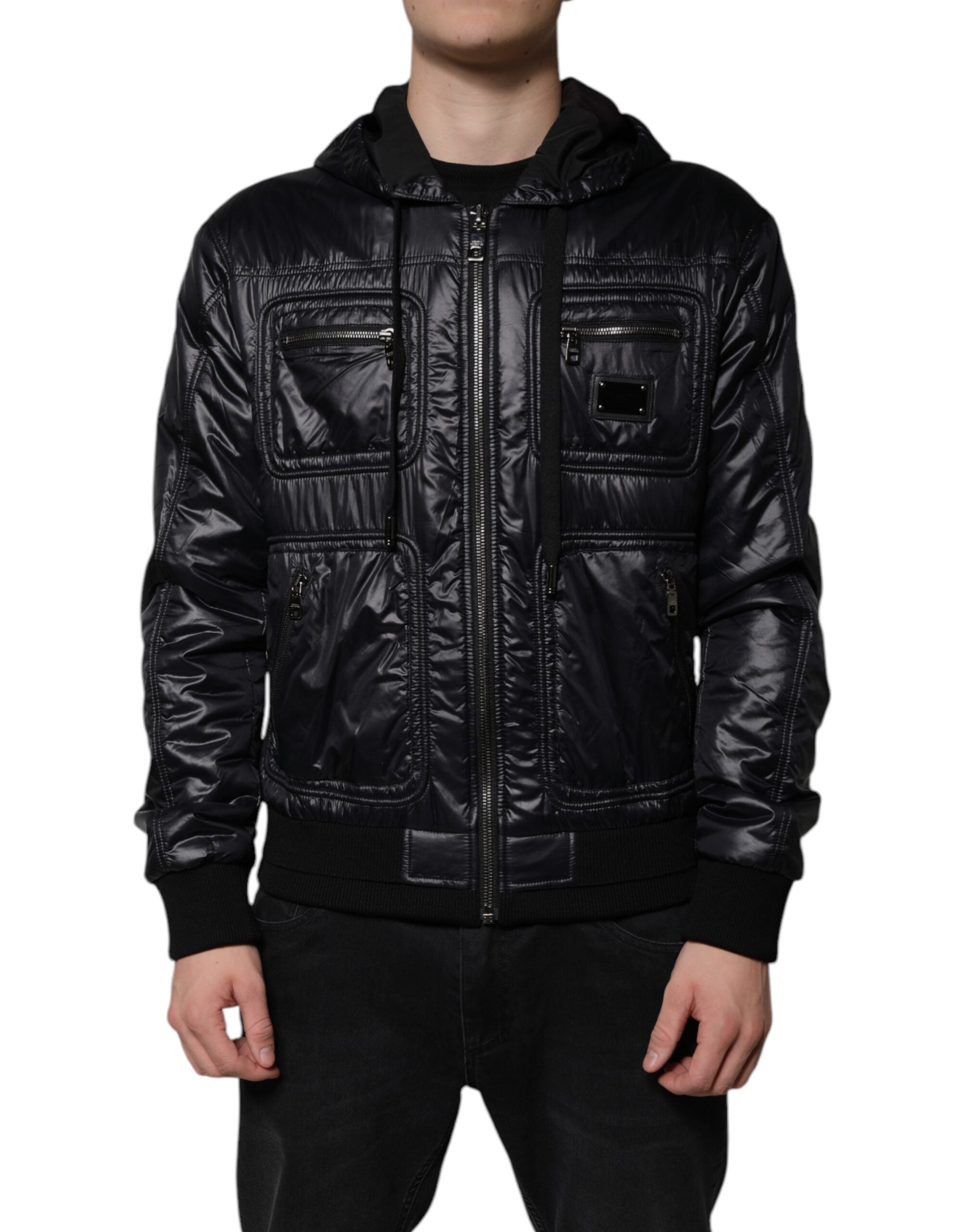 Dolce & Gabbana Schwarze Nylon Blousonjacke mit Kapuze und Reißverschluss