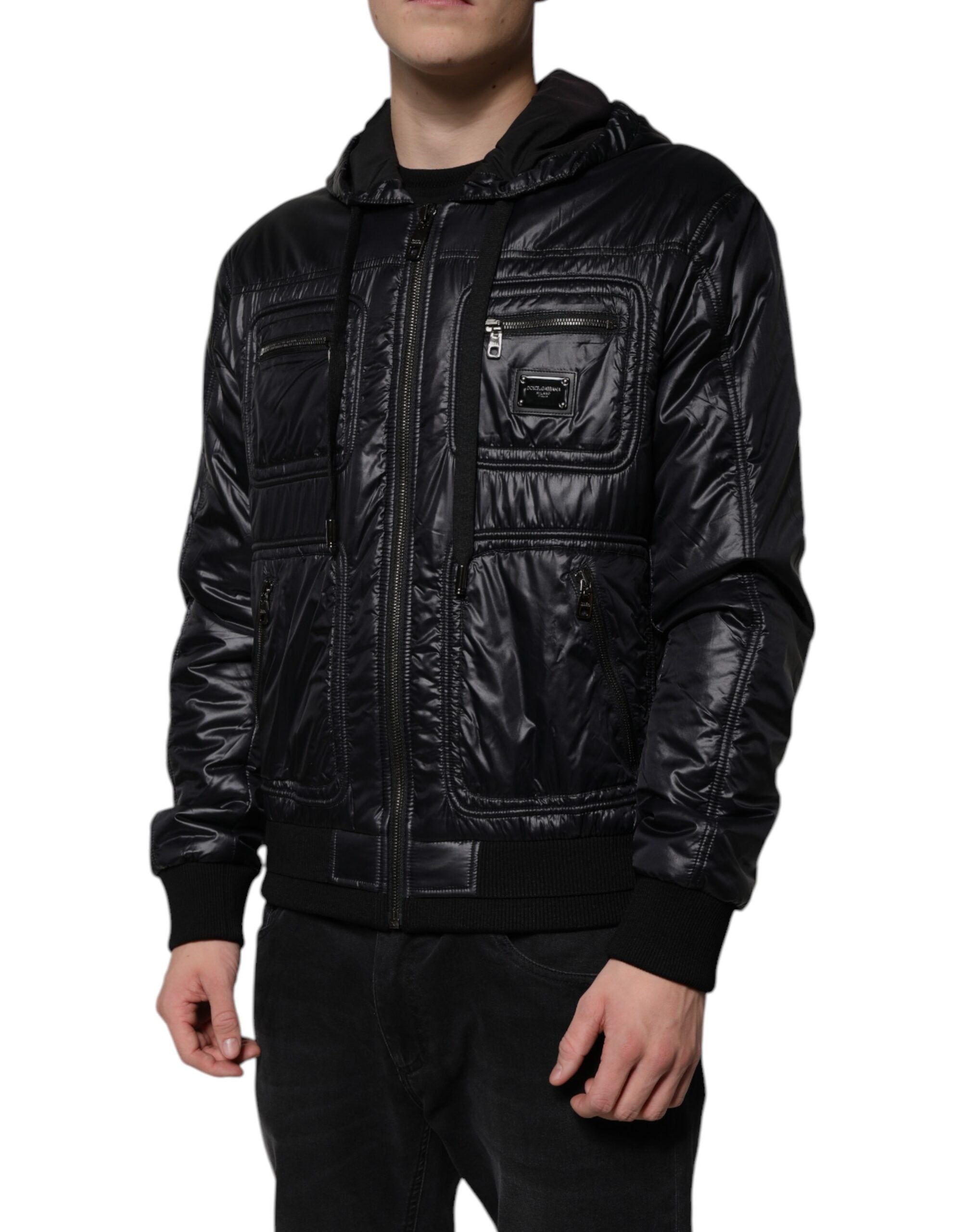 Dolce & Gabbana Schwarze Nylon Blousonjacke mit Kapuze und Reißverschluss