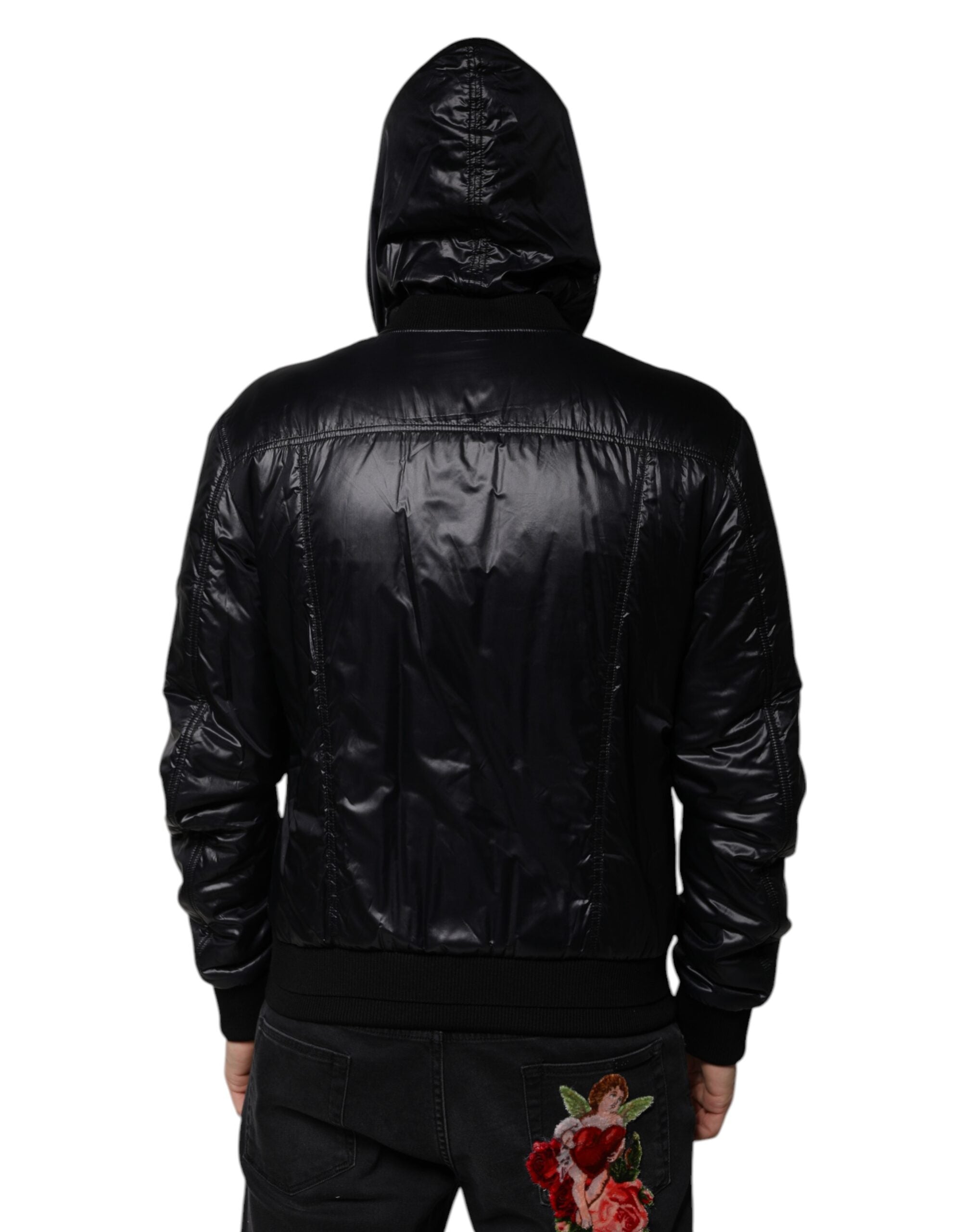 Dolce & Gabbana Schwarze Nylon Blousonjacke mit Kapuze und Reißverschluss