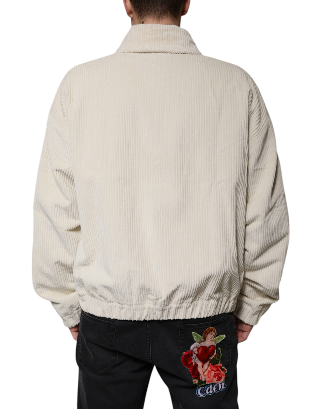 Dolce & Gabbana Beige Logo-Applikation Baumwoll-Cordjacke mit Reißverschluss