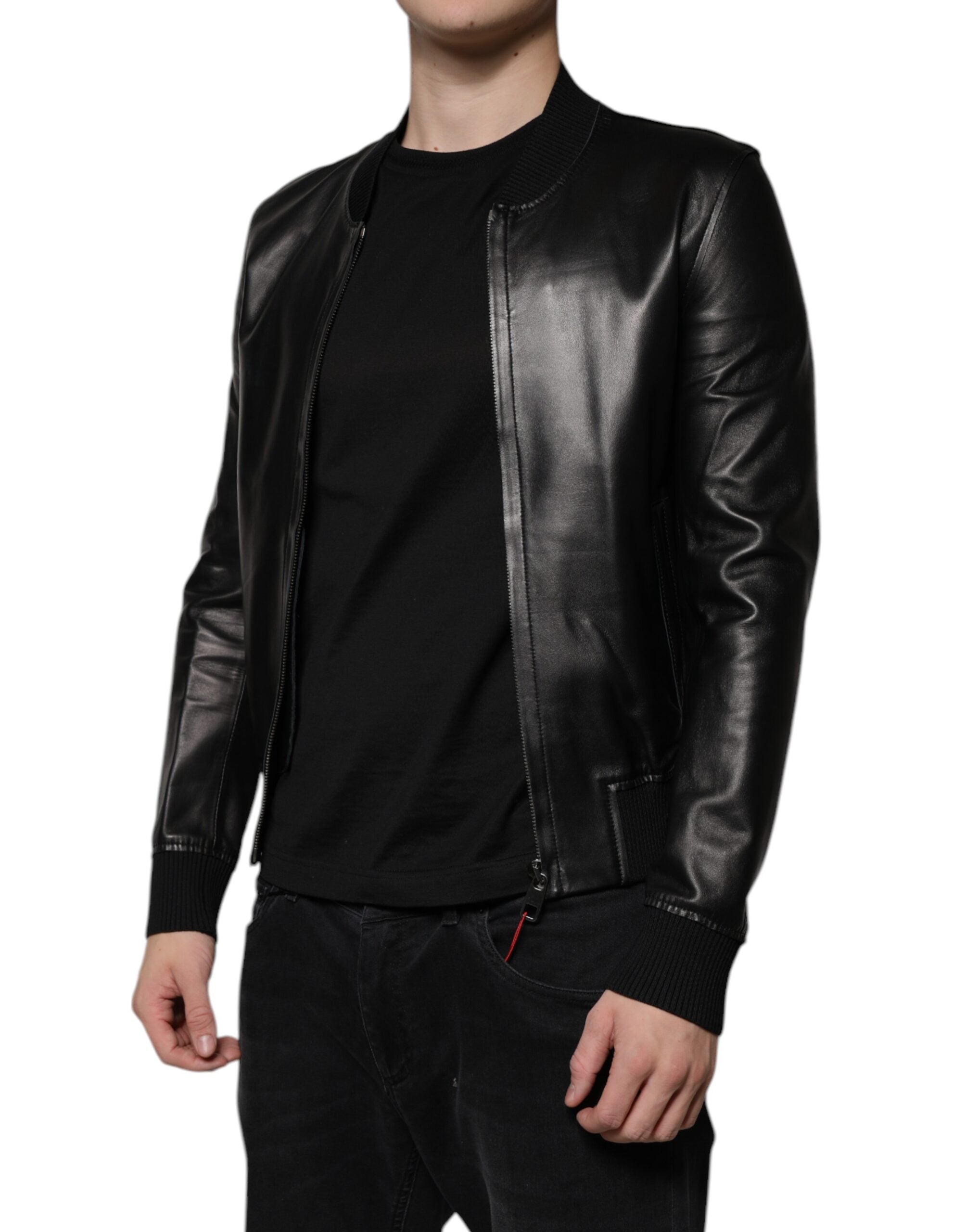 Dolce & Gabbana Schwarze Lammfell-Blouson-Jacke mit durchgehendem Reißverschluss