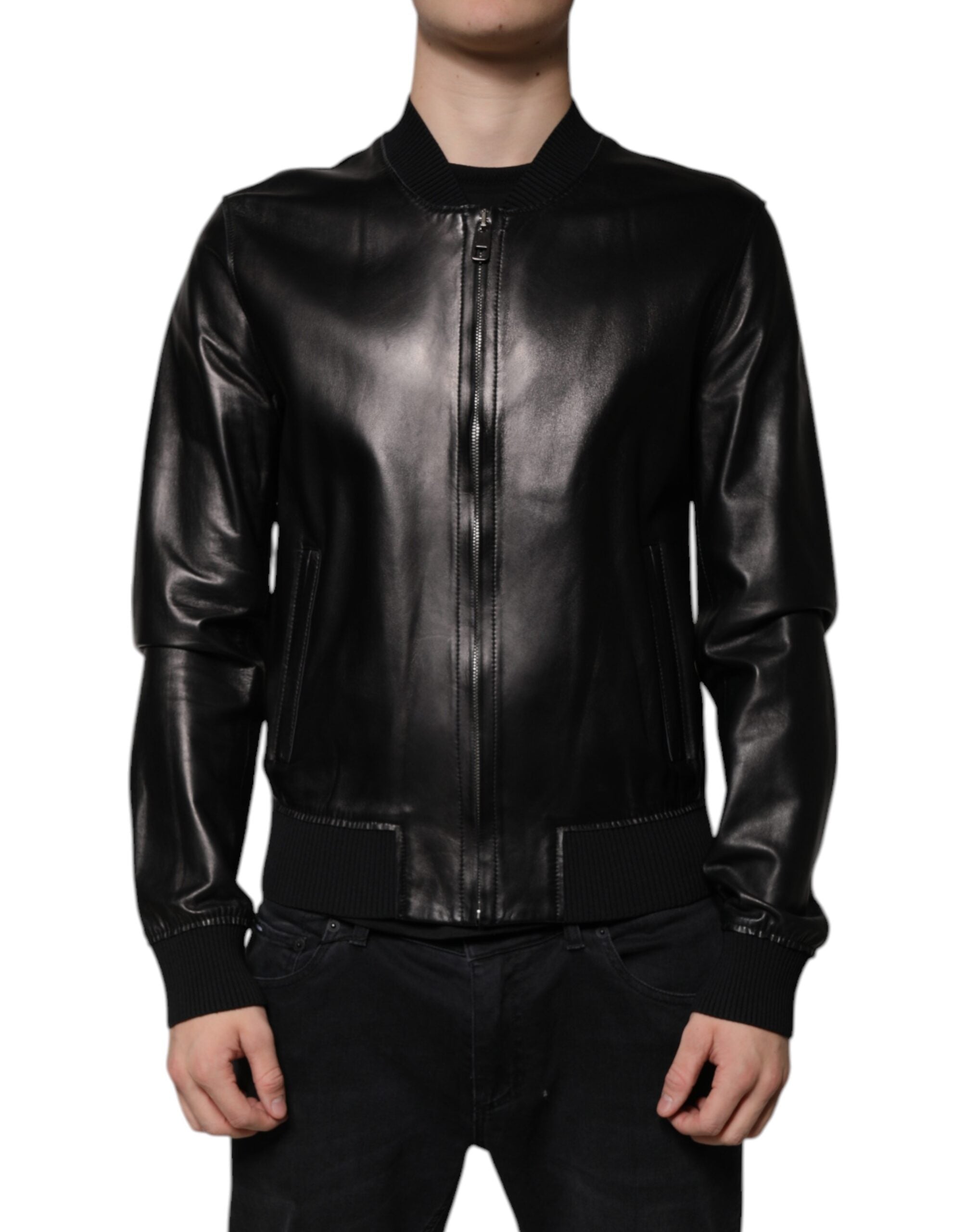 Dolce & Gabbana Schwarze Biker-Blouson-Jacke mit durchgehendem Reißverschluss aus Leder