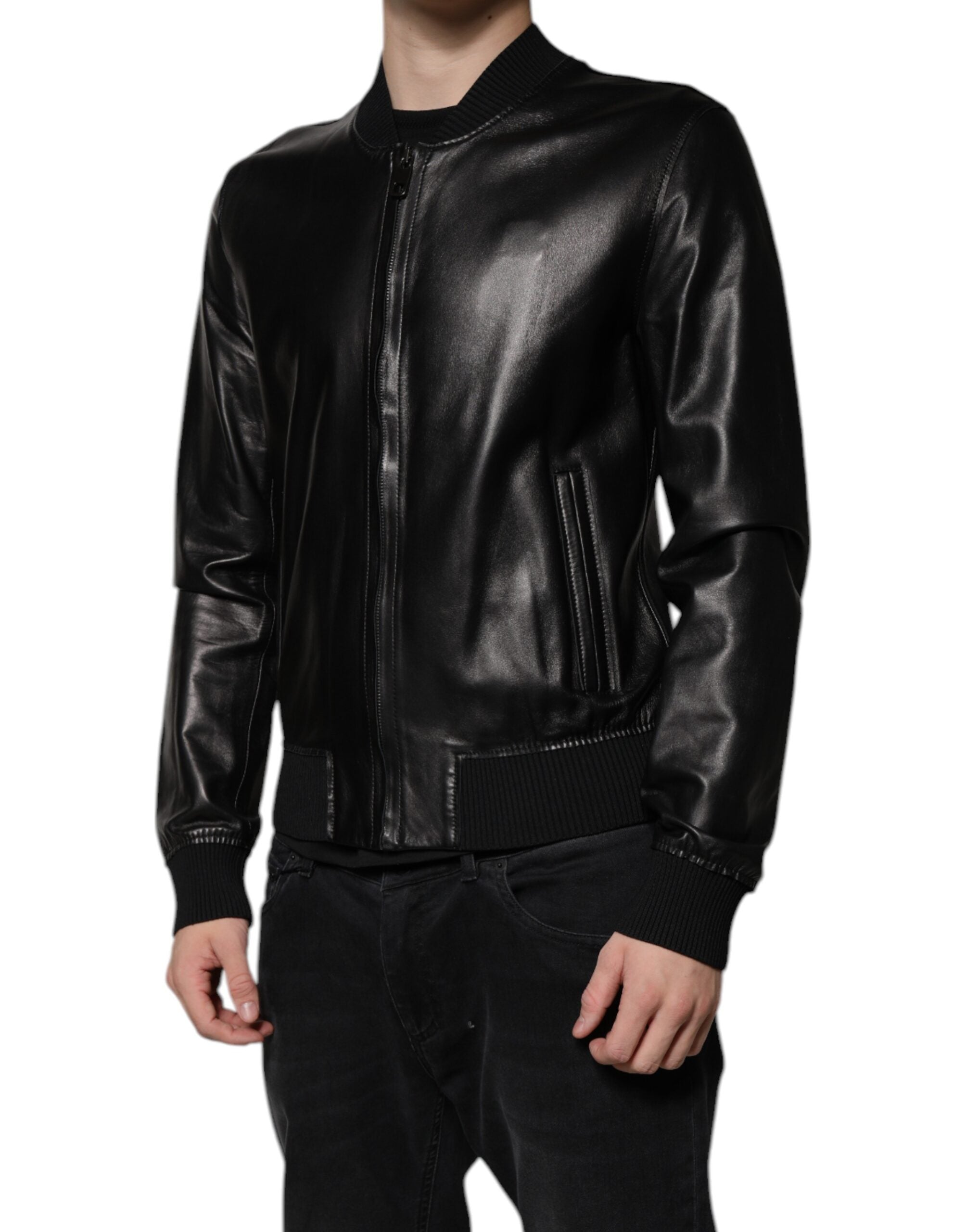 Dolce & Gabbana Schwarze Biker-Blouson-Jacke mit durchgehendem Reißverschluss aus Leder