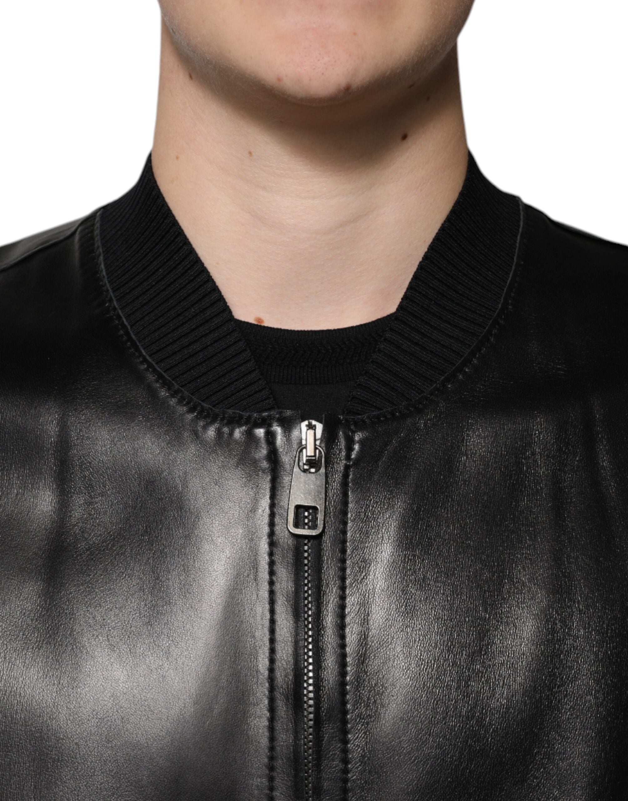 Dolce & Gabbana Schwarze Biker-Blouson-Jacke mit durchgehendem Reißverschluss aus Leder