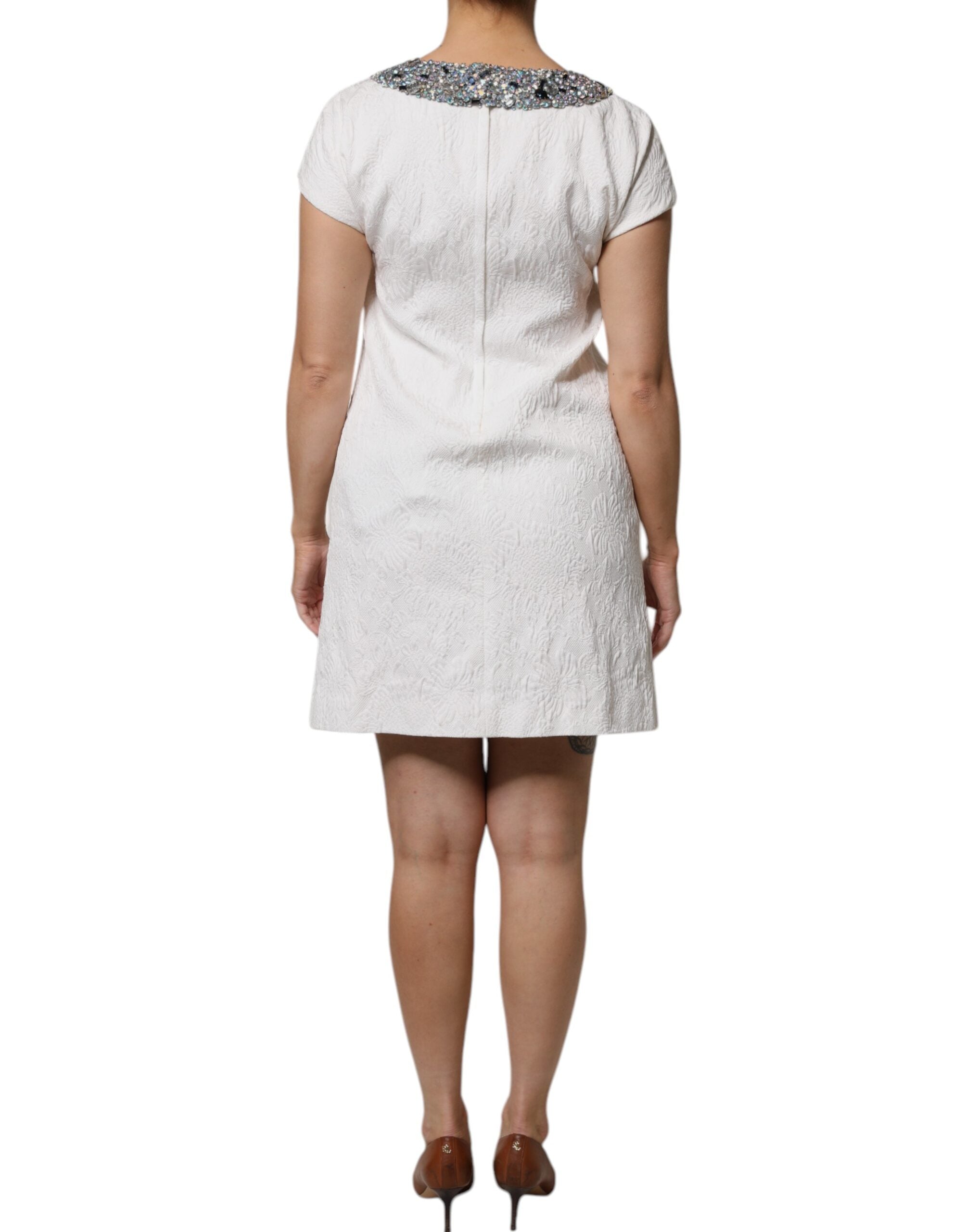 Dolce & Gabbana Weißes kristallverziertes Jacquard-Brokat-Minikleid