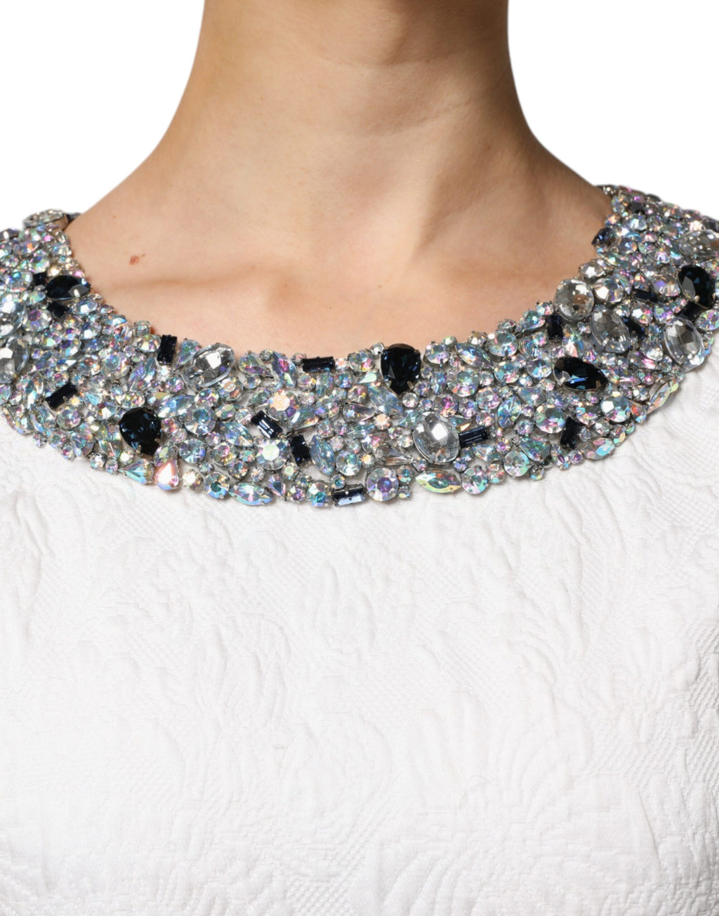 Dolce & Gabbana Weißes kristallverziertes Jacquard-Brokat-Minikleid