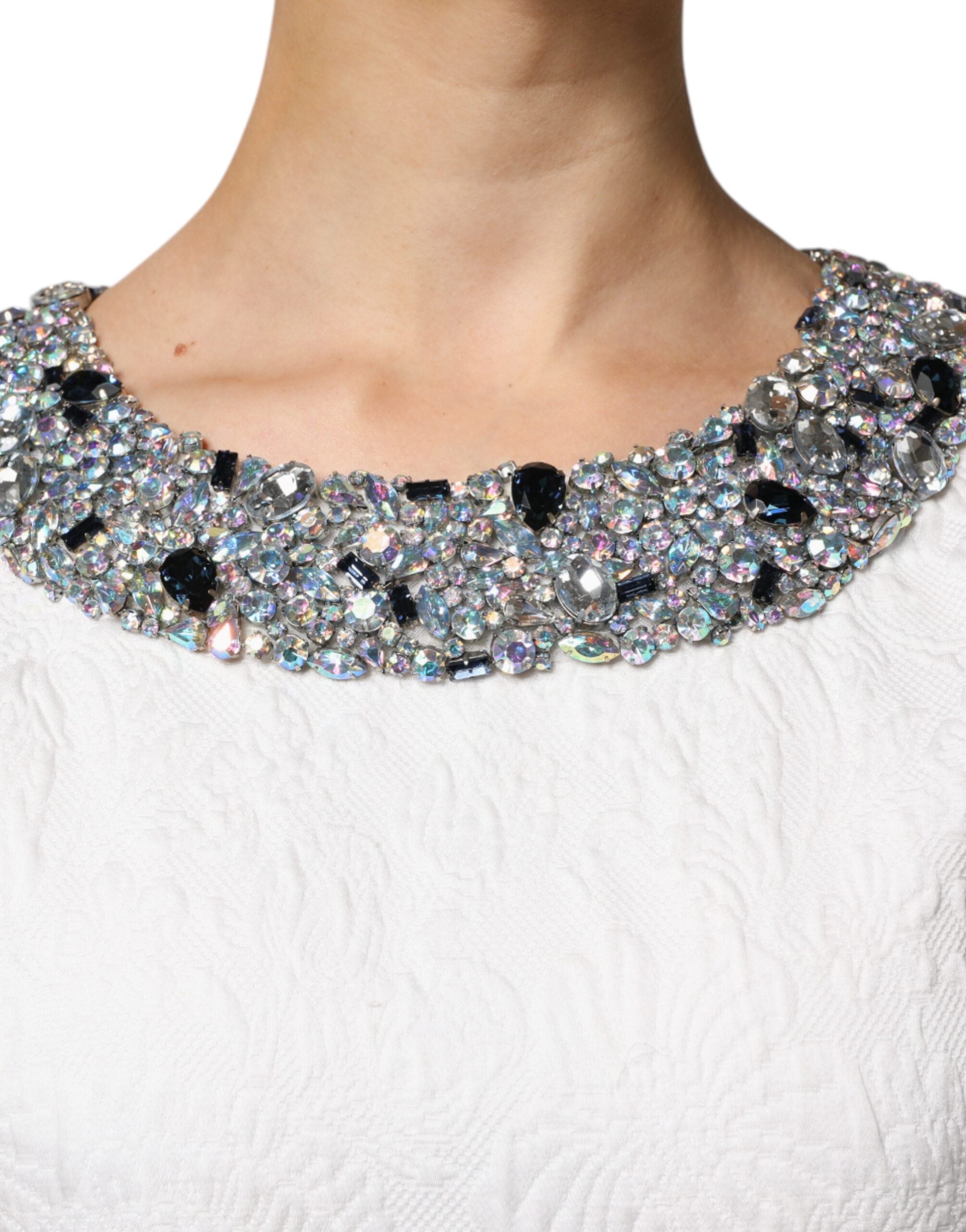 Dolce & Gabbana Weißes kristallverziertes Jacquard-Brokat-Minikleid