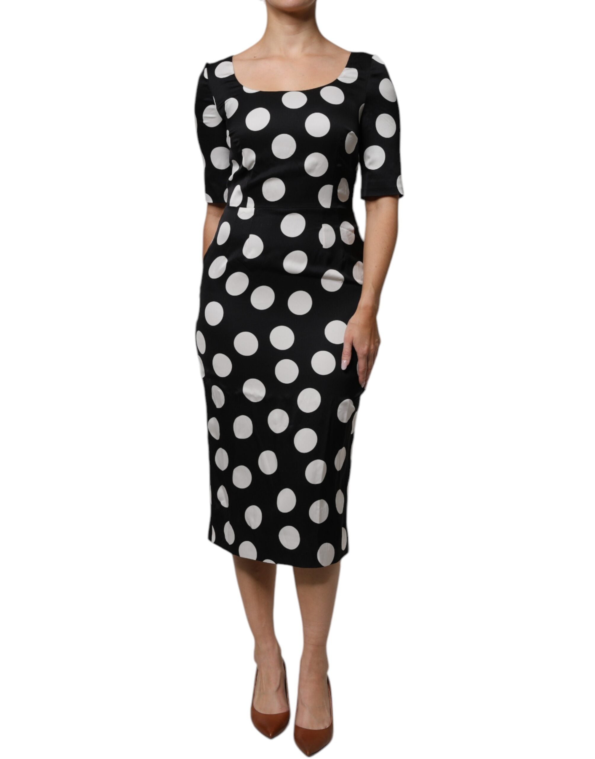 Dolce & Gabbana Schwarz Weiß Seide Polka Dots Etuikleid Midikleid