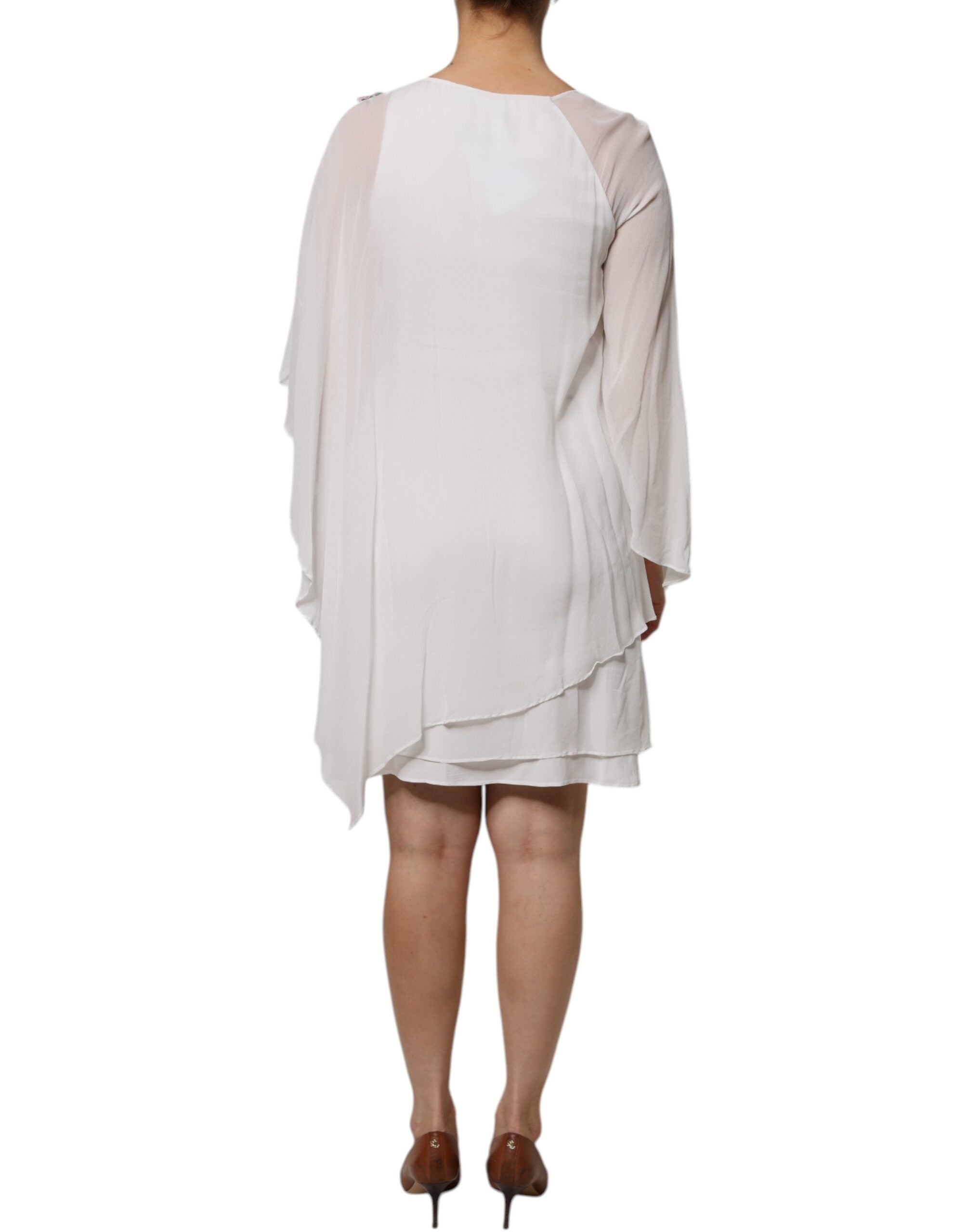 Blumarine Weißes, mit Blumen besticktes Viskose-Chiffon-Schiebekleid