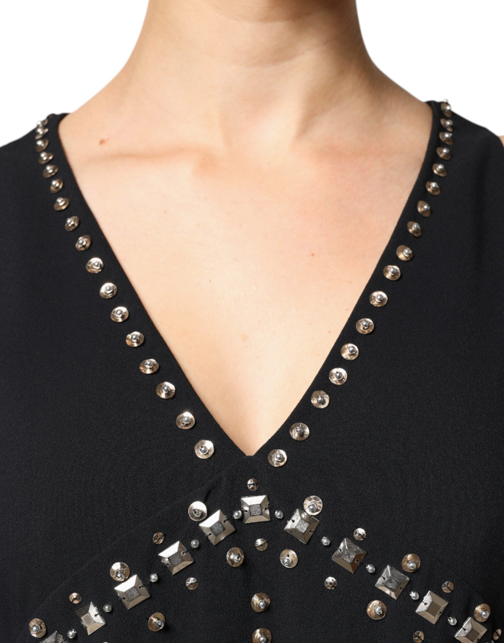 PINKO Schwarzes verschönertes ärmelloses A-Linien-Minikleid aus Polyester