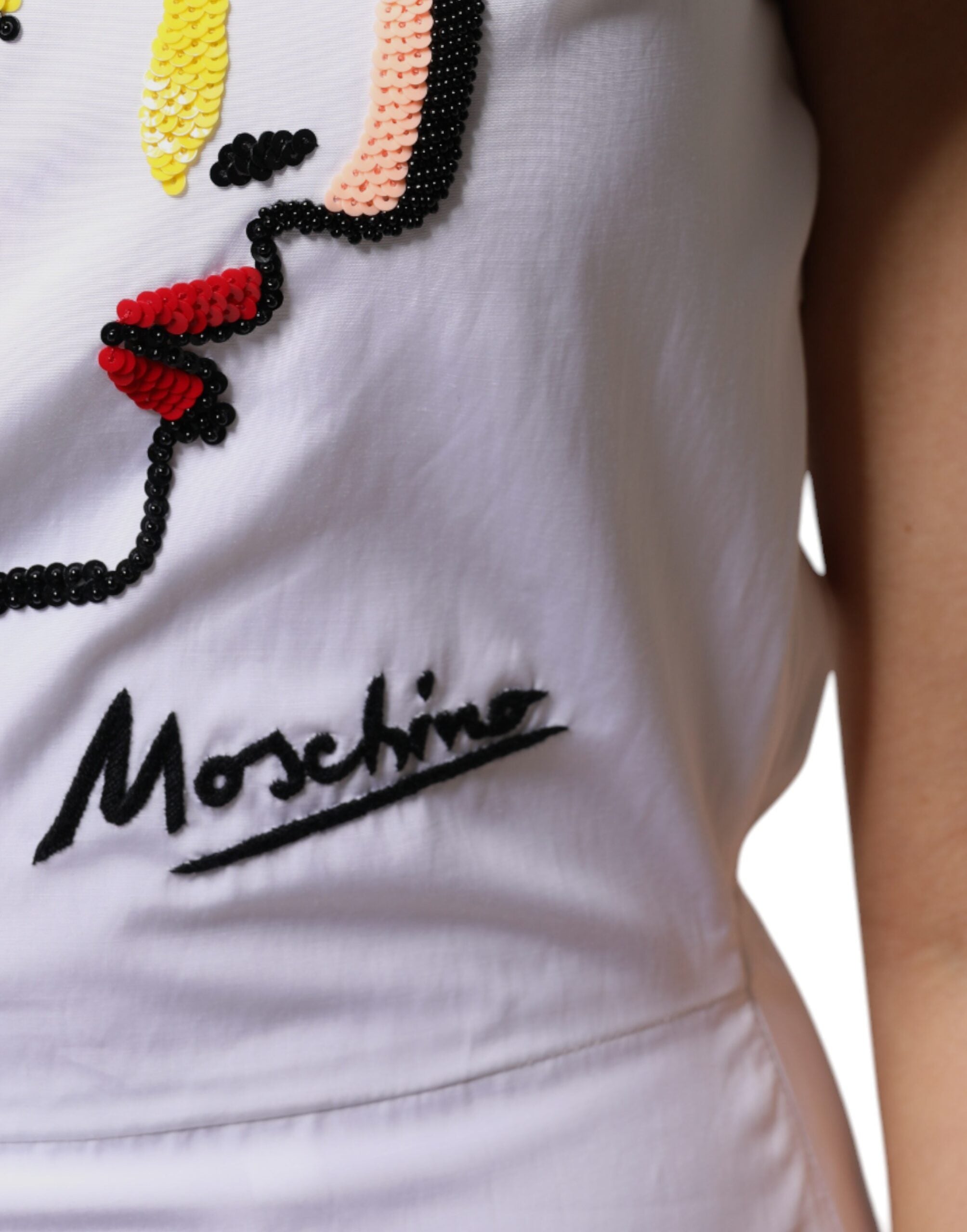 Moschino Couture Weißes bedrucktes Viskose-Minikleid