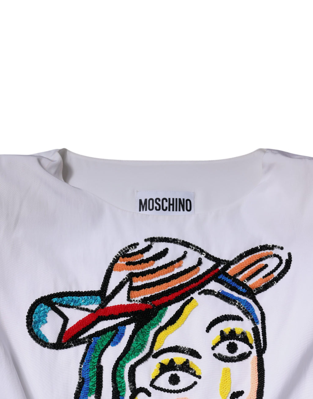 Moschino Couture Weißes bedrucktes Viskose-Minikleid