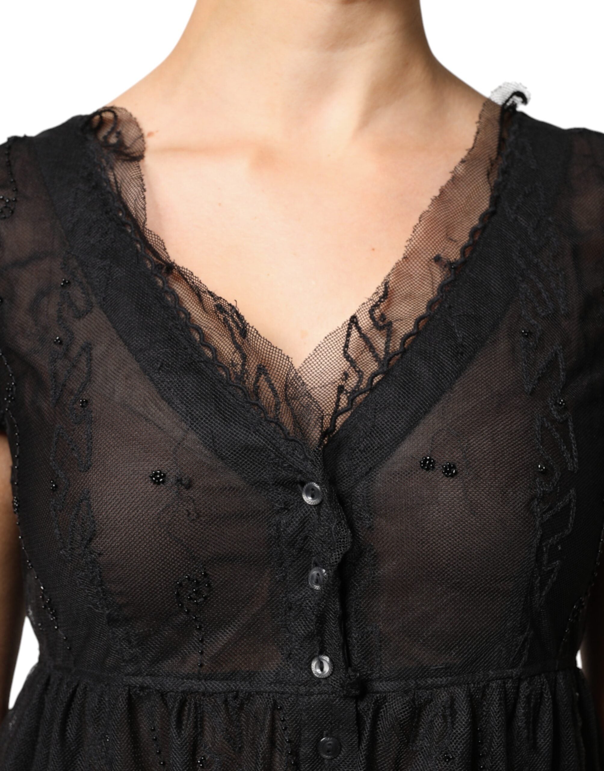 Blugirl Schwarzes Minikleid mit kurzen Ärmeln und floralem Spitzenbesatz in A-Linie