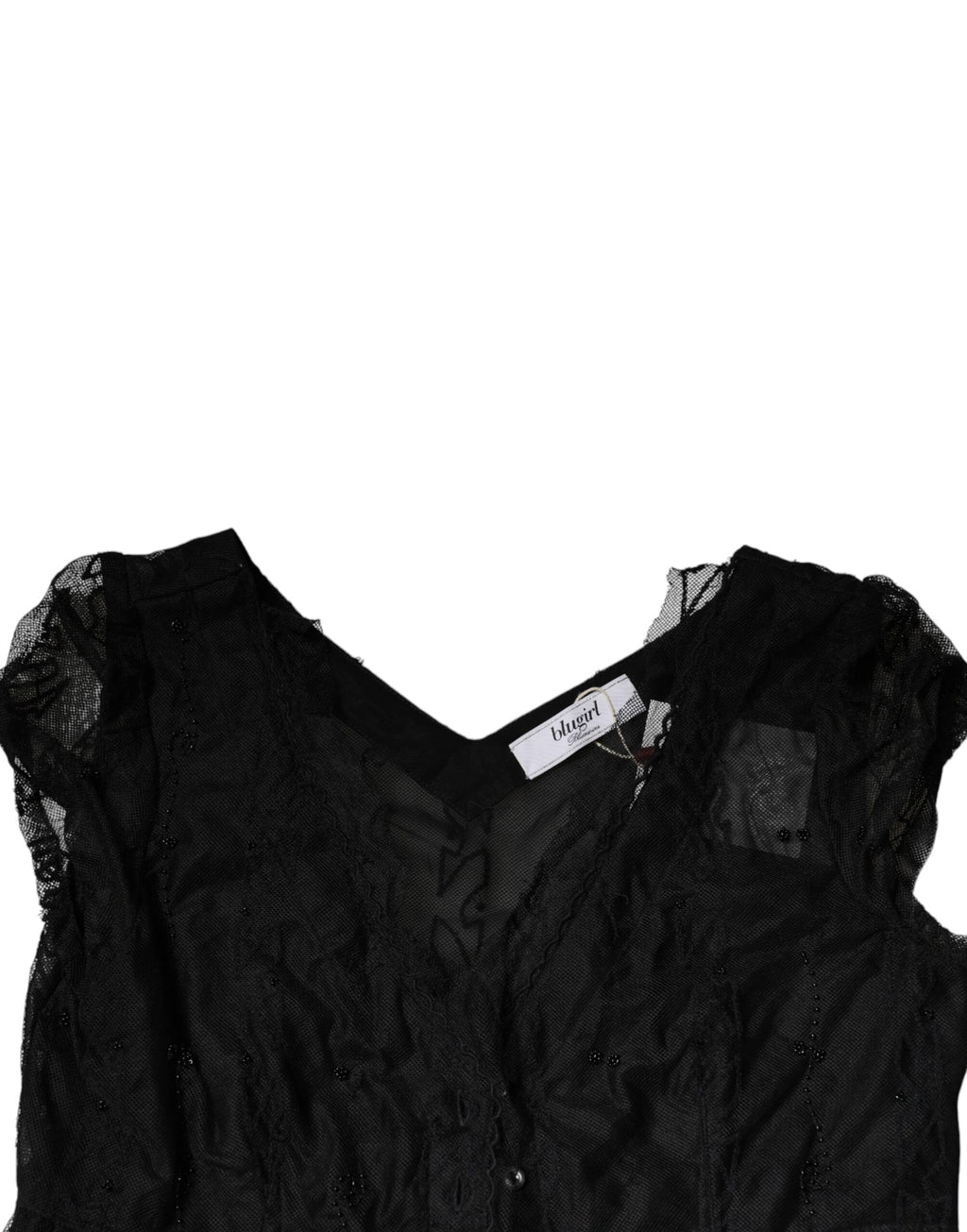 Blugirl Schwarzes Minikleid mit kurzen Ärmeln und floralem Spitzenbesatz in A-Linie