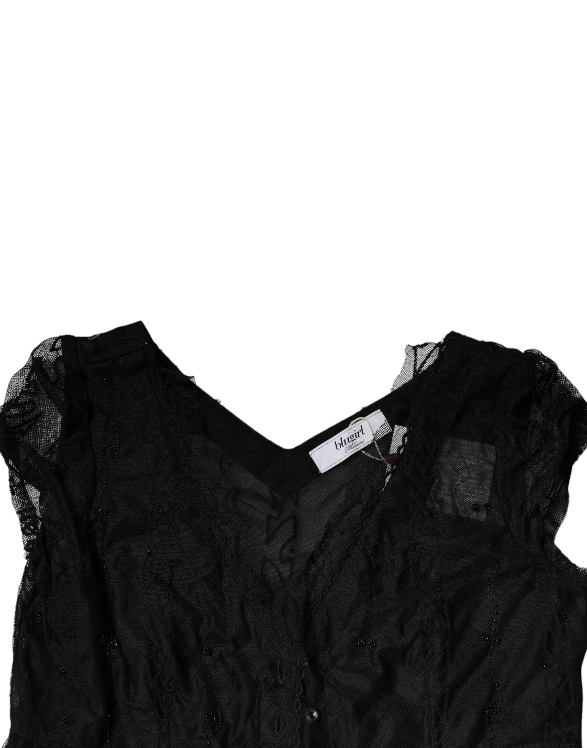 Blugirl Schwarzes Minikleid mit kurzen Ärmeln und floralem Spitzenbesatz in A-Linie