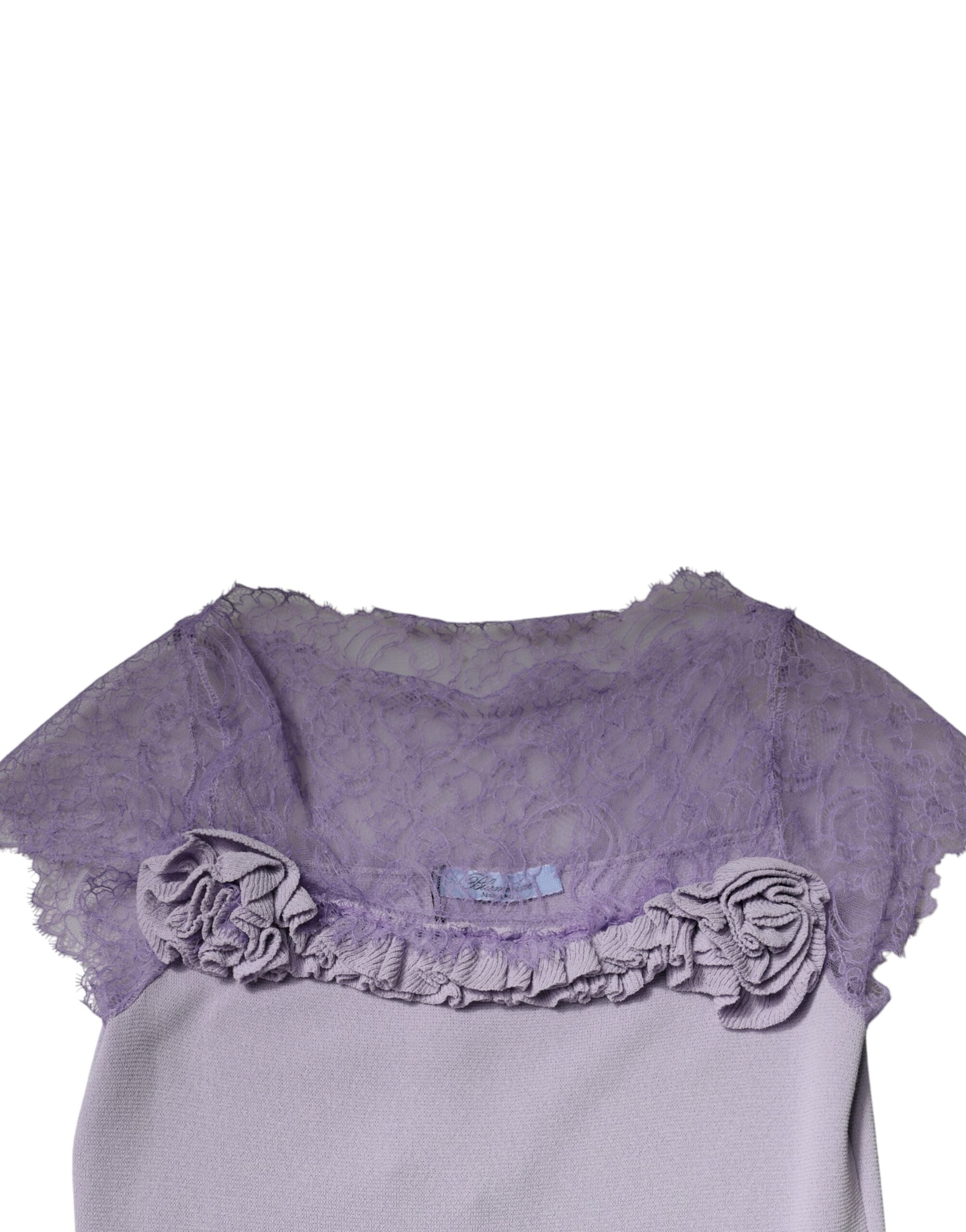 Blumarine Lila Kurzärmeliges Midikleid mit floralem Spitzenbesatz in A-Linie