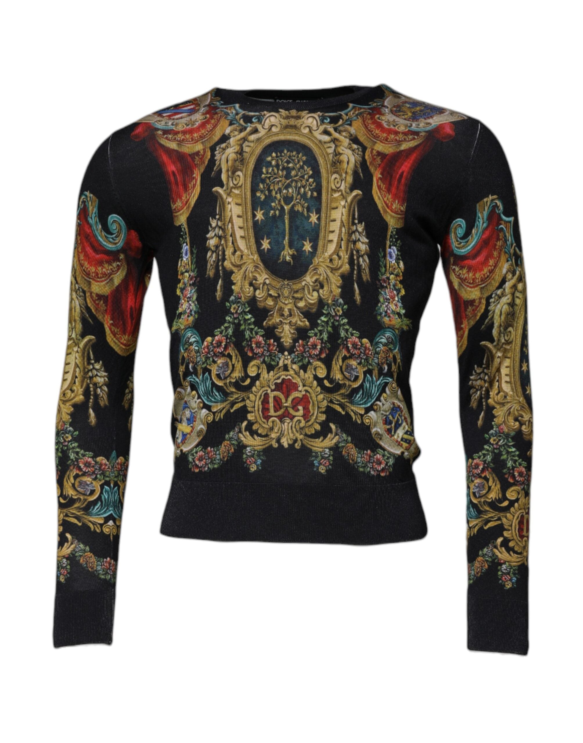 Dolce & Gabbana Schwarzer Heraldic DG Seidenpullover mit Rundhalsausschnitt