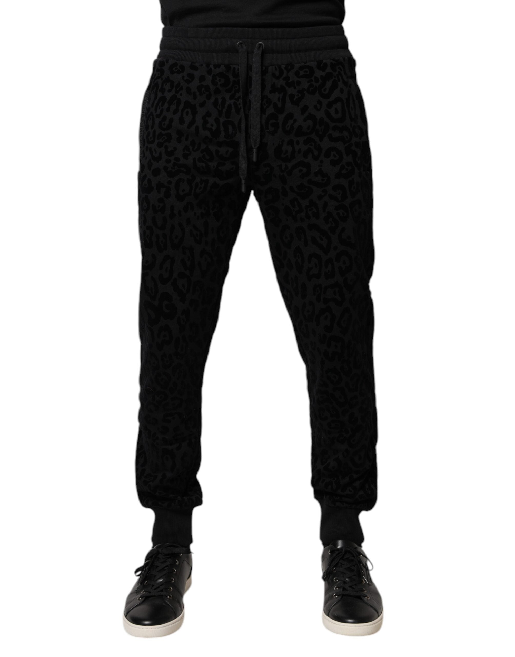 Dolce & Gabbana Schwarze Leopard-Jogginghose aus Baumwolle Sweatpants