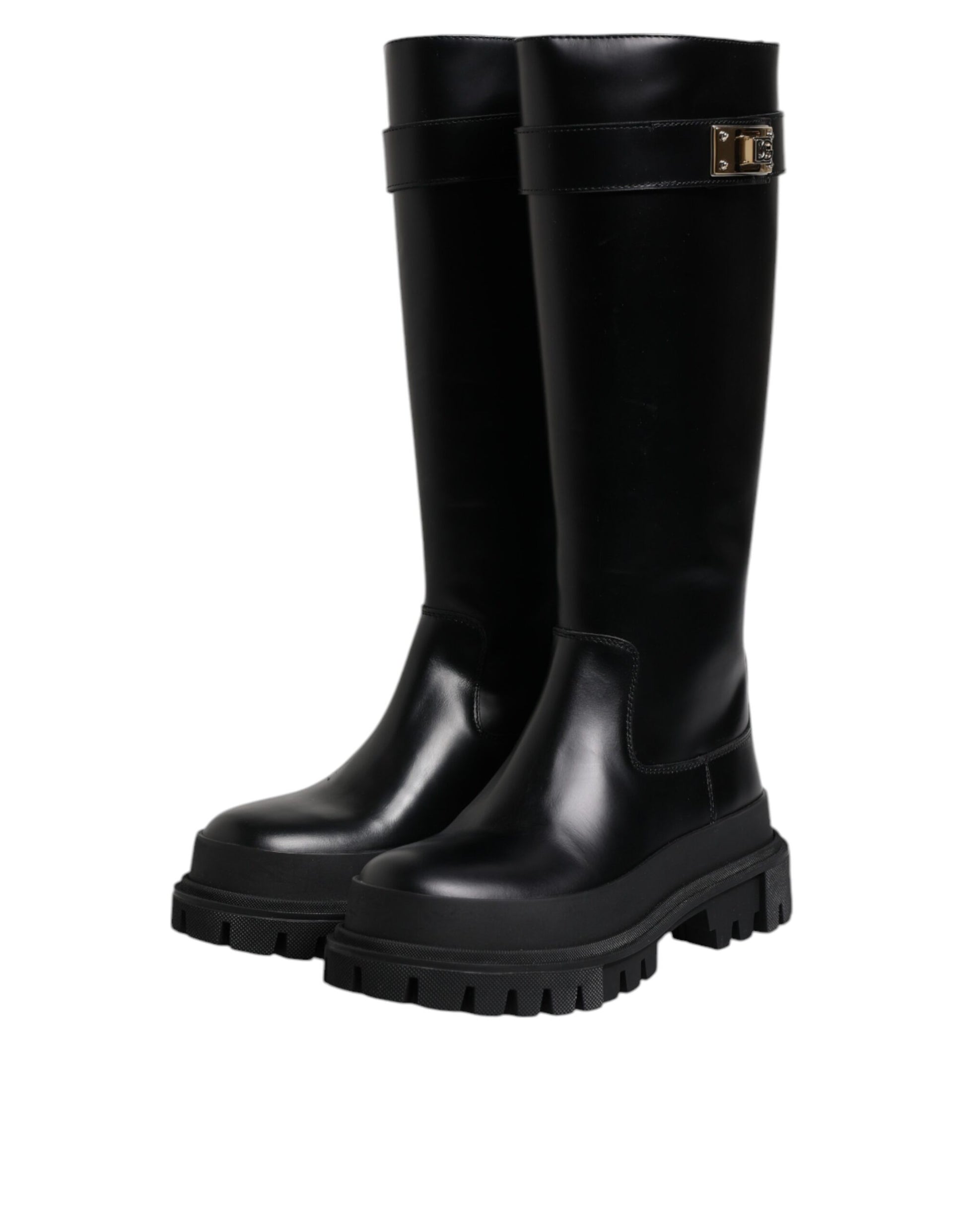 Dolce & Gabbana Schwarze DG Logo Kalb Leder Hohe Stiefel Schuhe