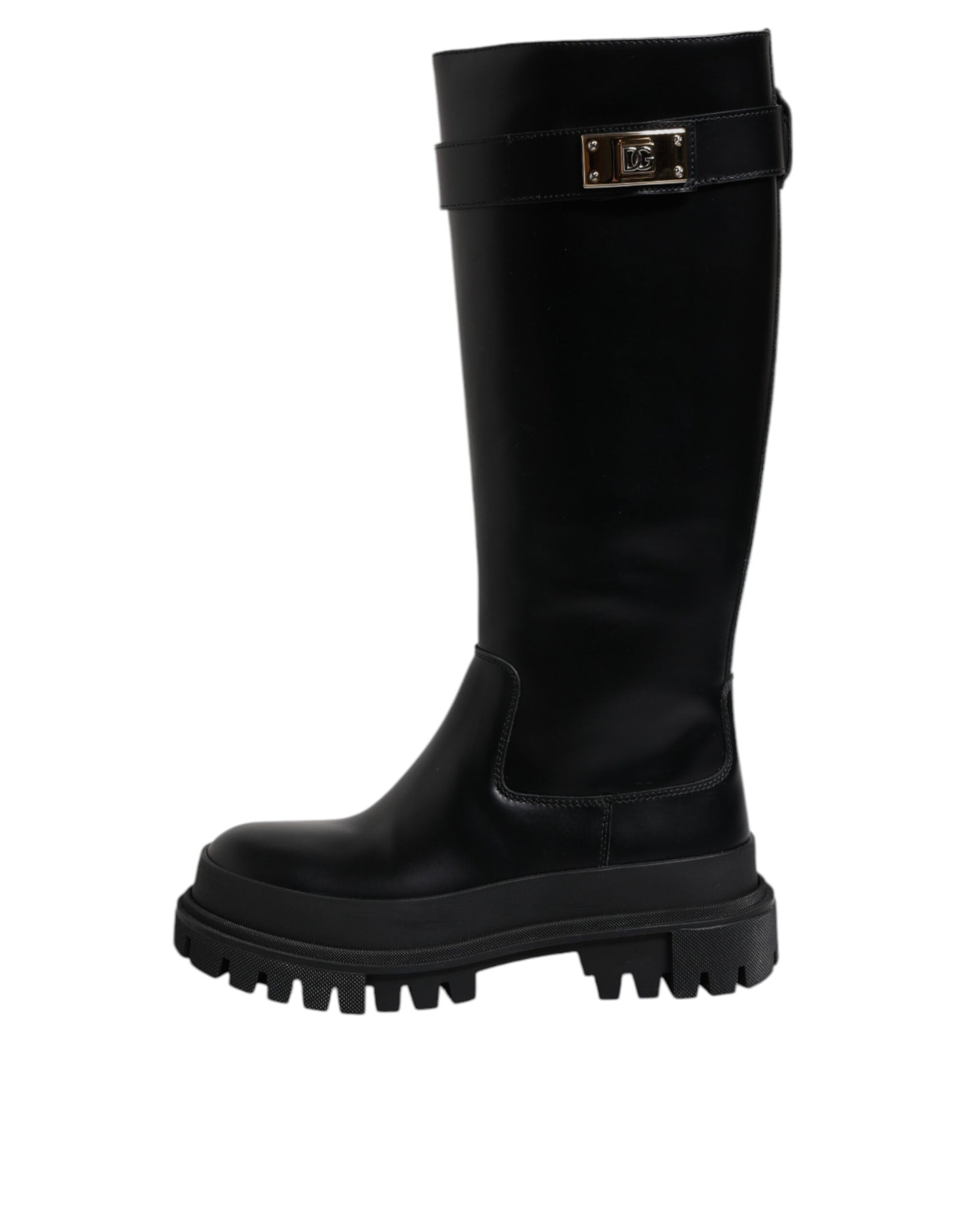 Dolce & Gabbana Schwarze DG Logo Kalb Leder Hohe Stiefel Schuhe