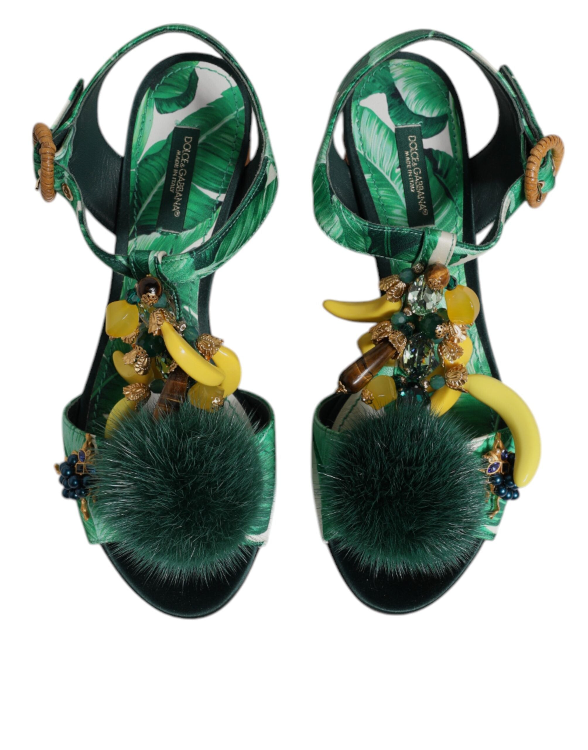 Dolce & Gabbana Grün Kristall Pelz verschönert Sandalen Schuhe