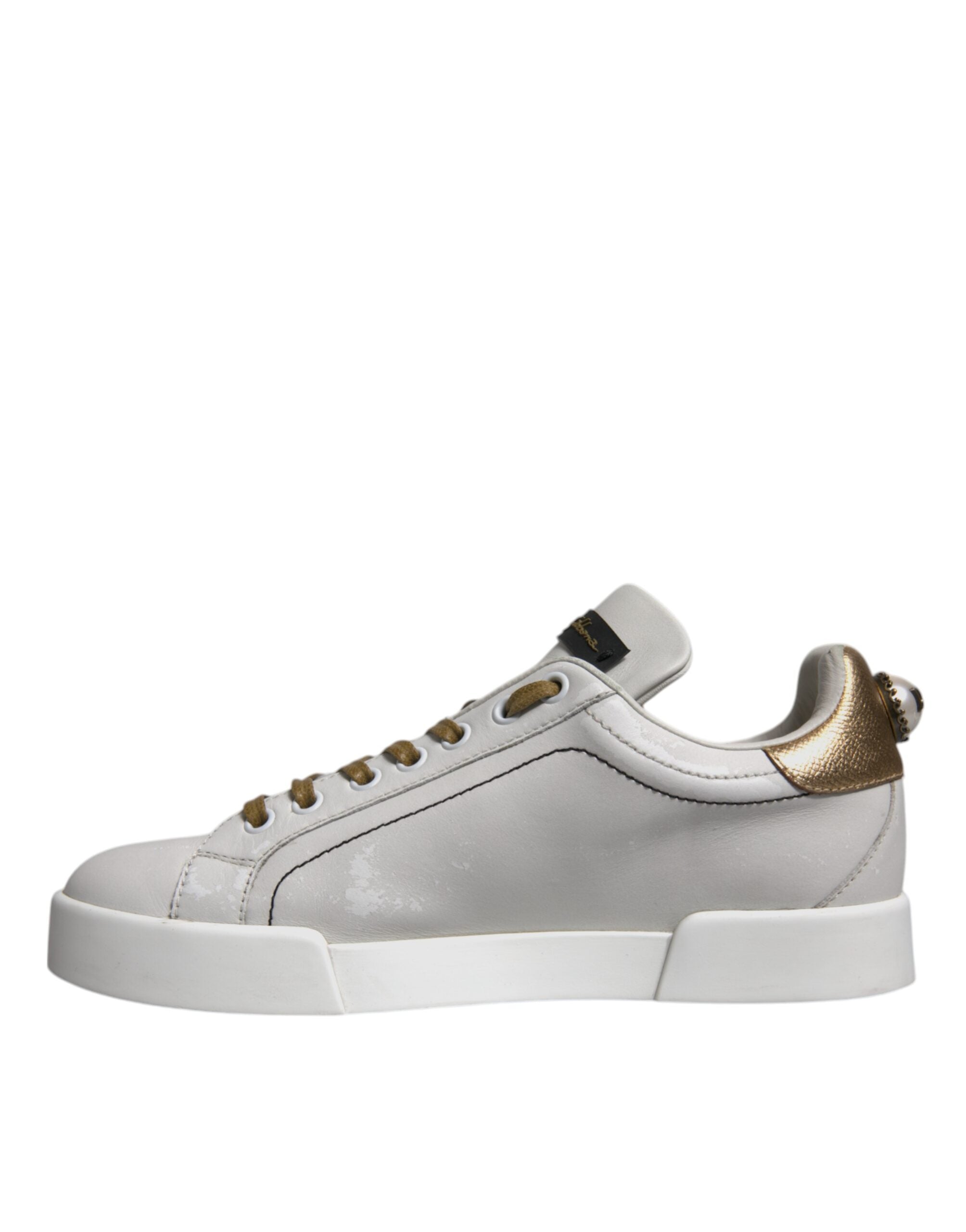 Dolce & Gabbana Weiß Gold Leder Low Top Sneakers Schuhe