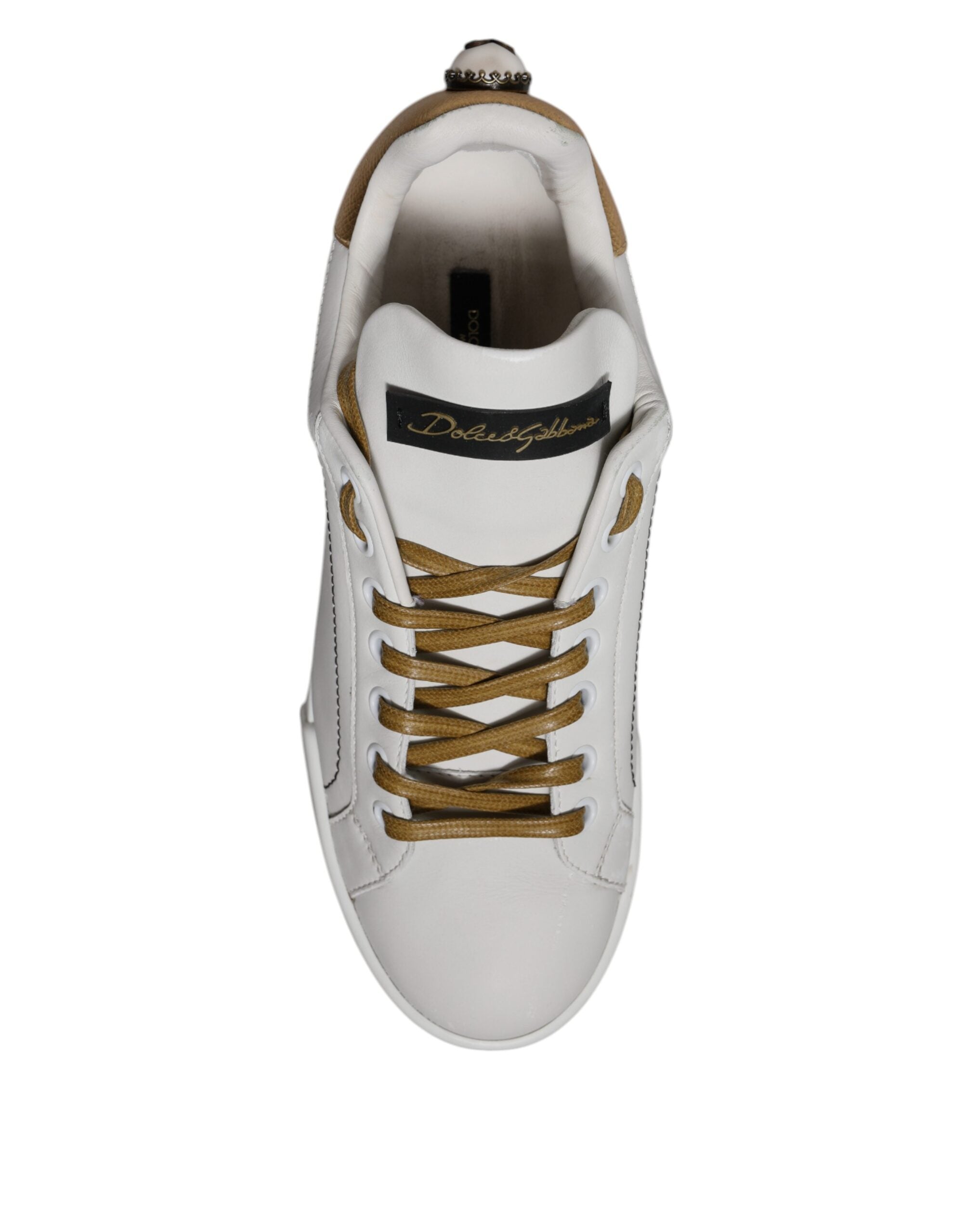 Dolce & Gabbana Weiß Gold Leder Low Top Sneakers Schuhe