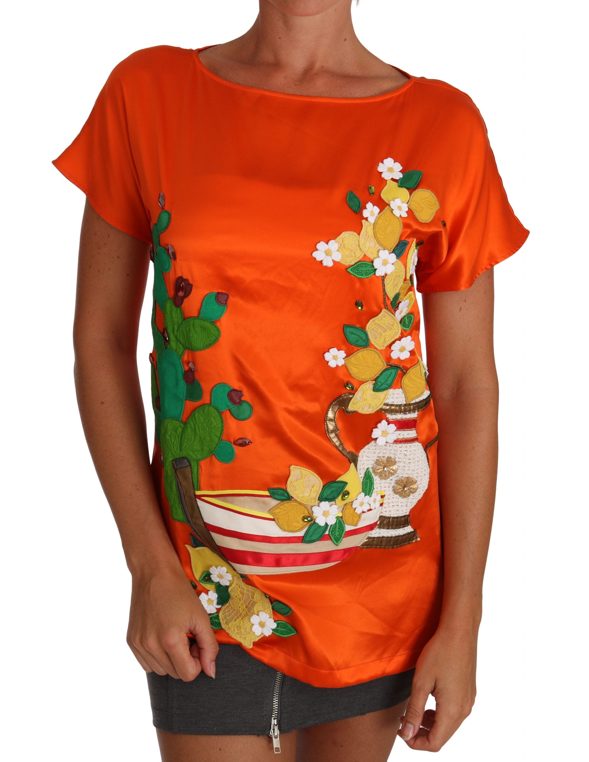 Dolce & Gabbana Seide Orange Zitrone Kristall-T-Shirt Top