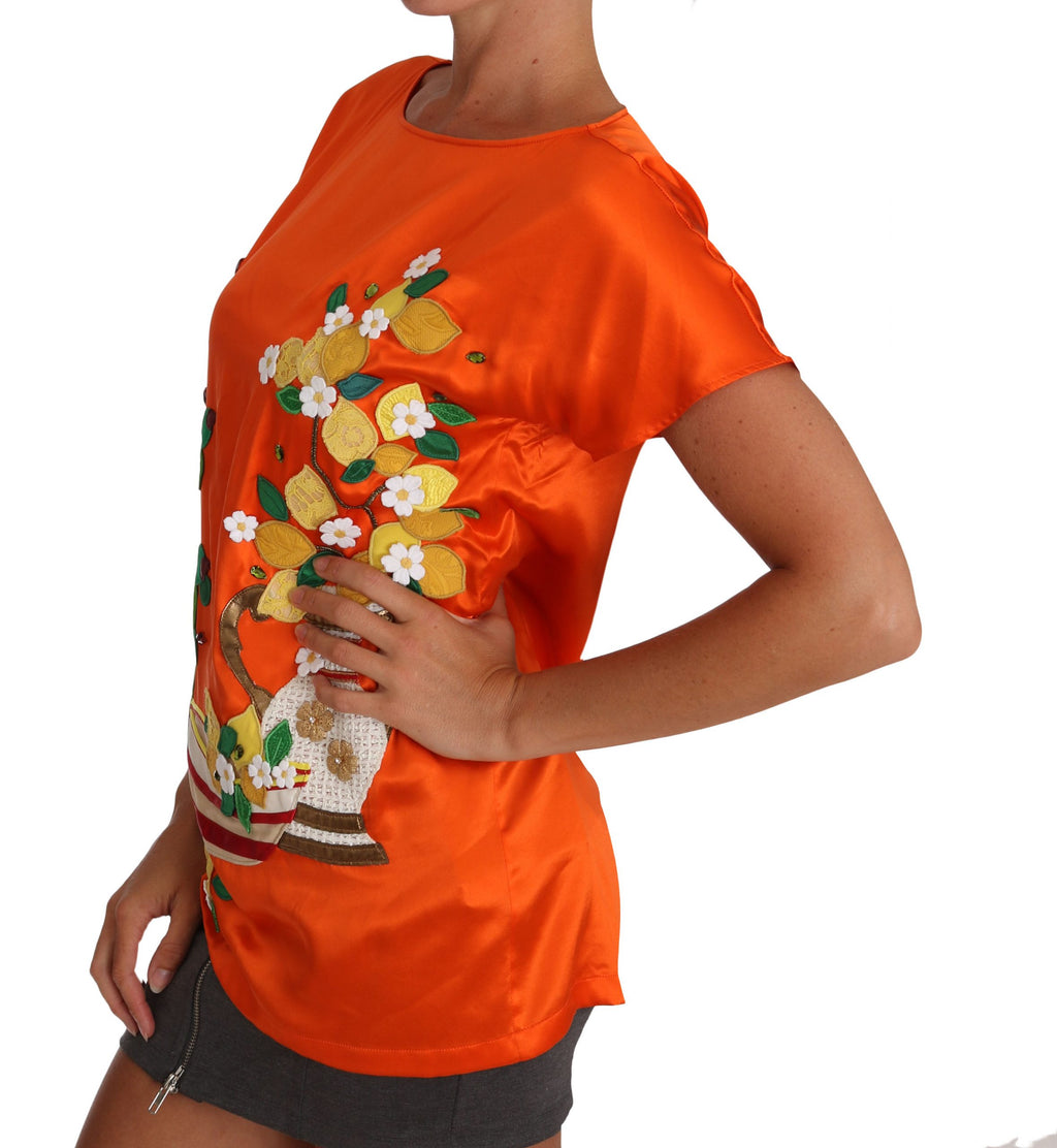 Dolce & Gabbana Seide Orange Zitrone Kristall-T-Shirt Top