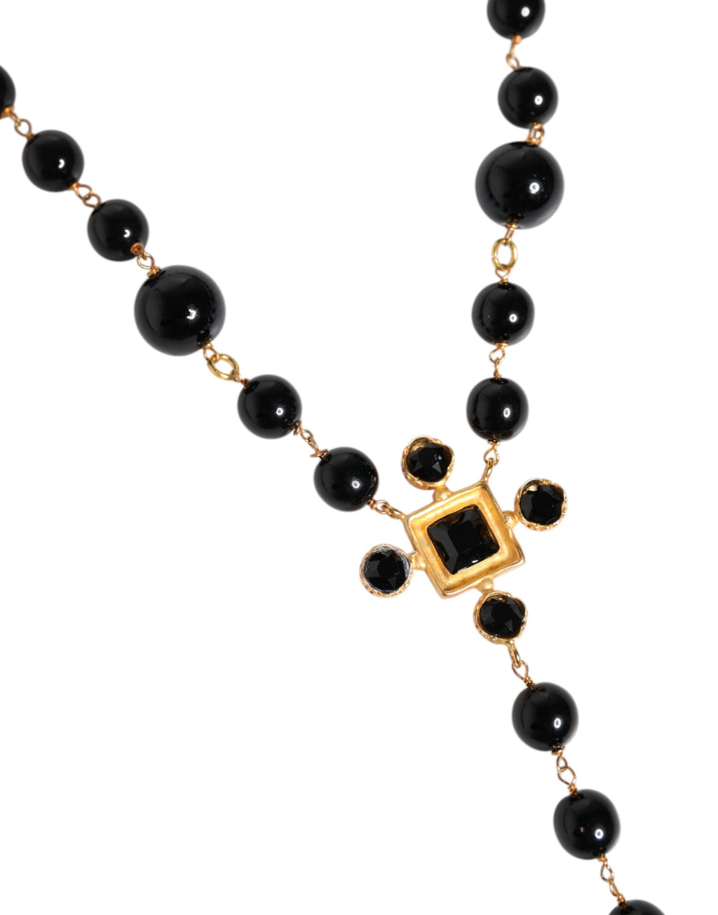 Dolce & Gabbana Gold Tone Messing Kreuz schwarz Perlen Kette Rosenkranz Halskette