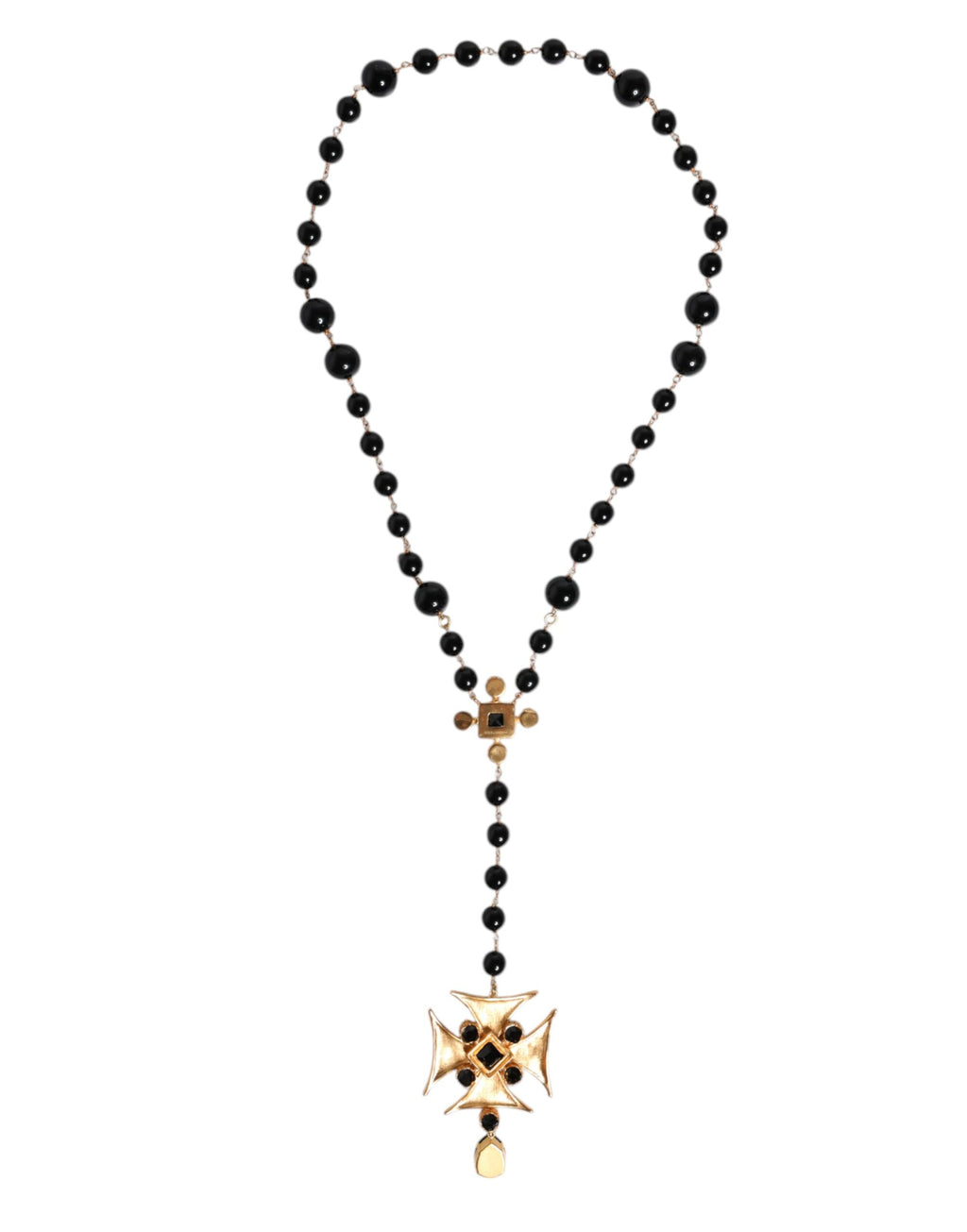 Dolce & Gabbana Gold Tone Messing Kreuz schwarz Perlen Kette Rosenkranz Halskette