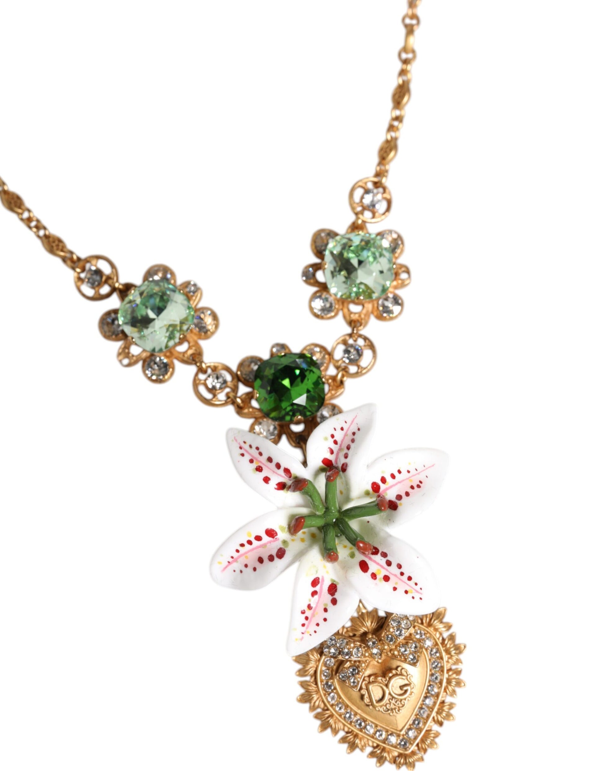 Dolce & Gabbana Gold Messing Lilie Kristall Heiliges Herz Anhänger Halskette