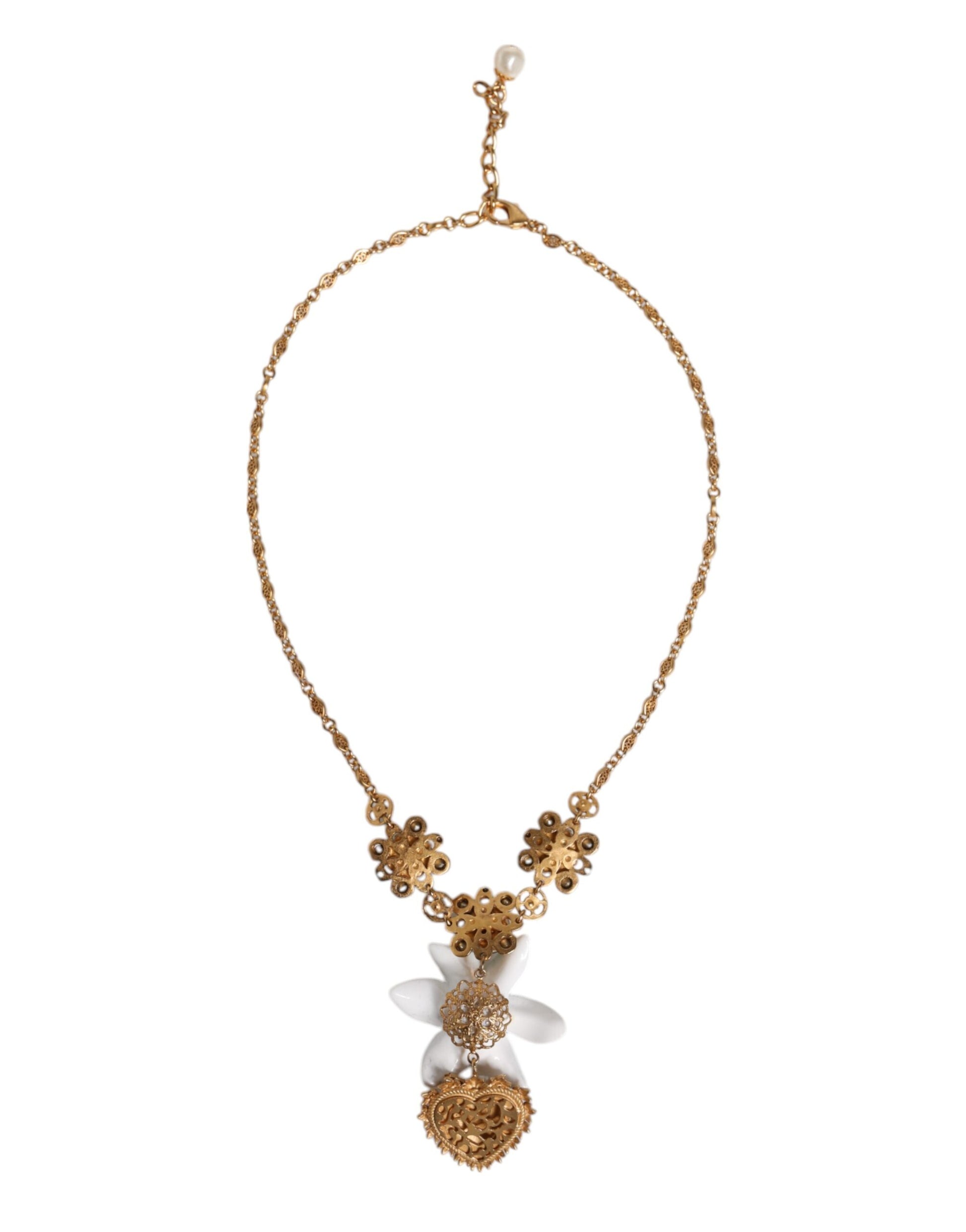 Dolce & Gabbana Gold Messing Lilie Kristall Heiliges Herz Anhänger Halskette