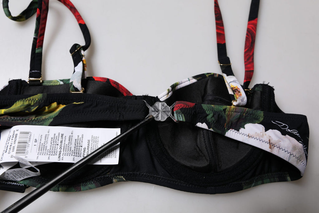 Dolce & Gabbana Schwarzer Balconcino-BH aus Nylon mit Blumendruck Unterwäsche