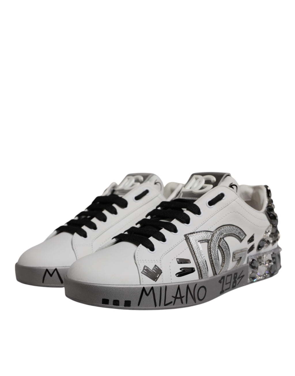 Dolce & Gabbana Weiß Silber Kristall Logo Portofino Turnschuhe Schuhe