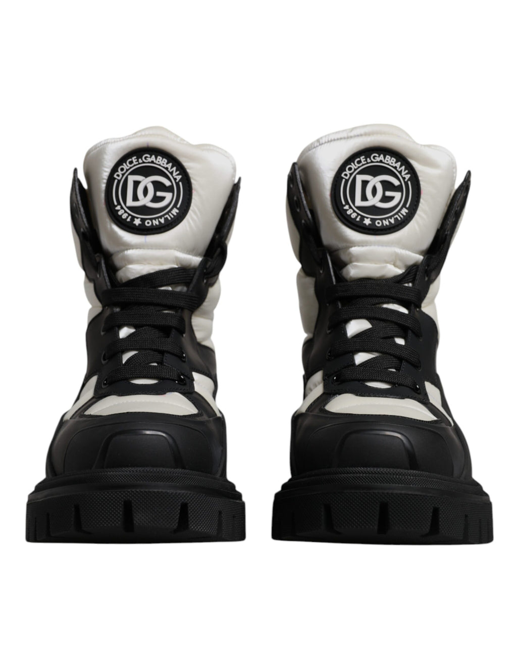 Dolce & Gabbana Schwarz Weiß Gepolsterte Mid Calf Lace Up Stiefel Schuhe