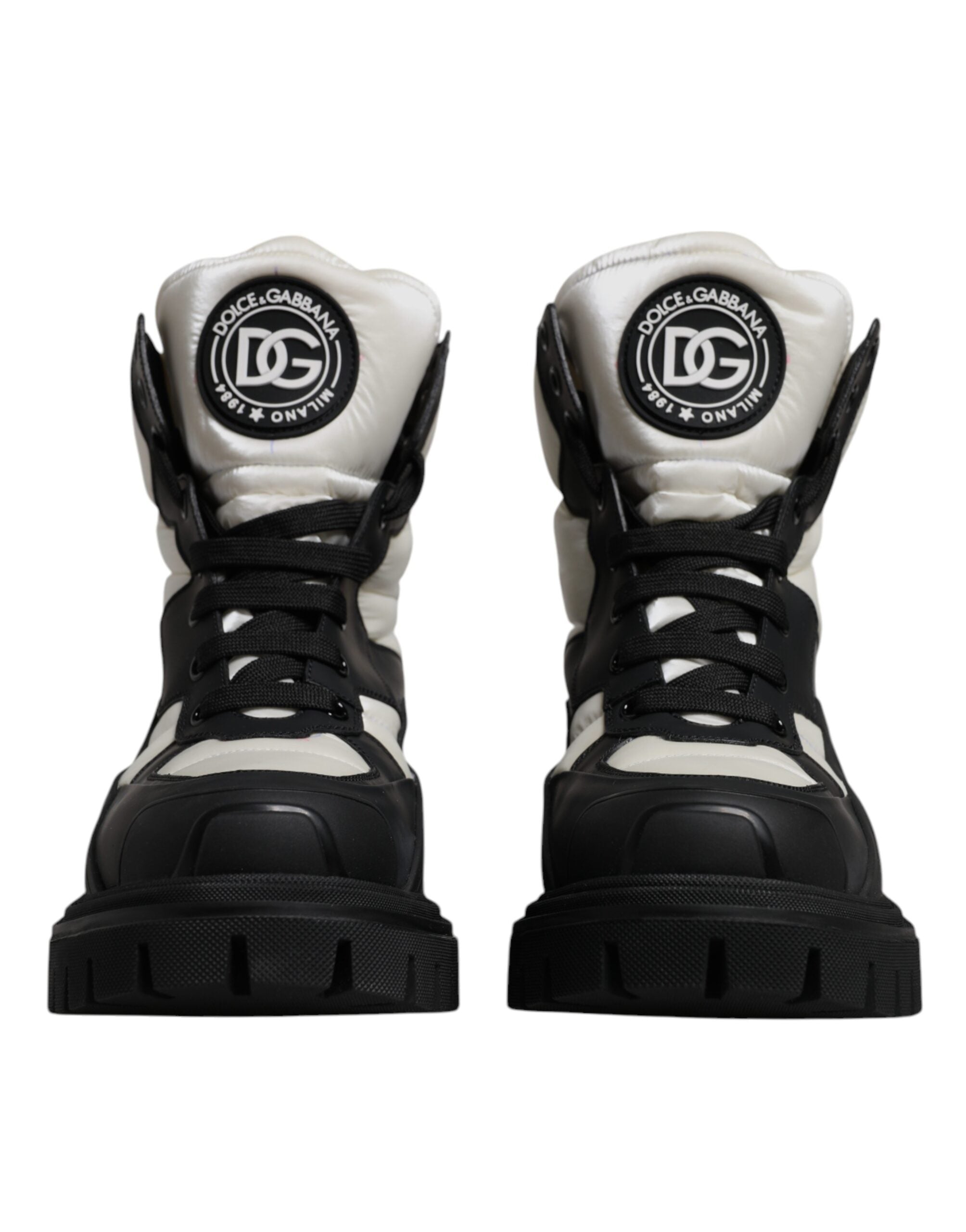 Dolce & Gabbana Schwarz Weiß Gepolsterte Mid Calf Lace Up Stiefel Schuhe