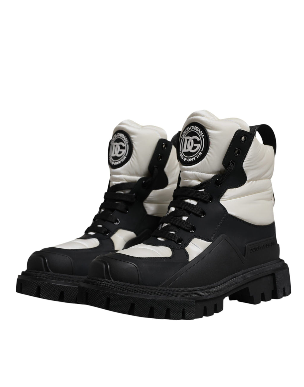 Dolce & Gabbana Schwarz Weiß Gepolsterte Mid Calf Lace Up Stiefel Schuhe