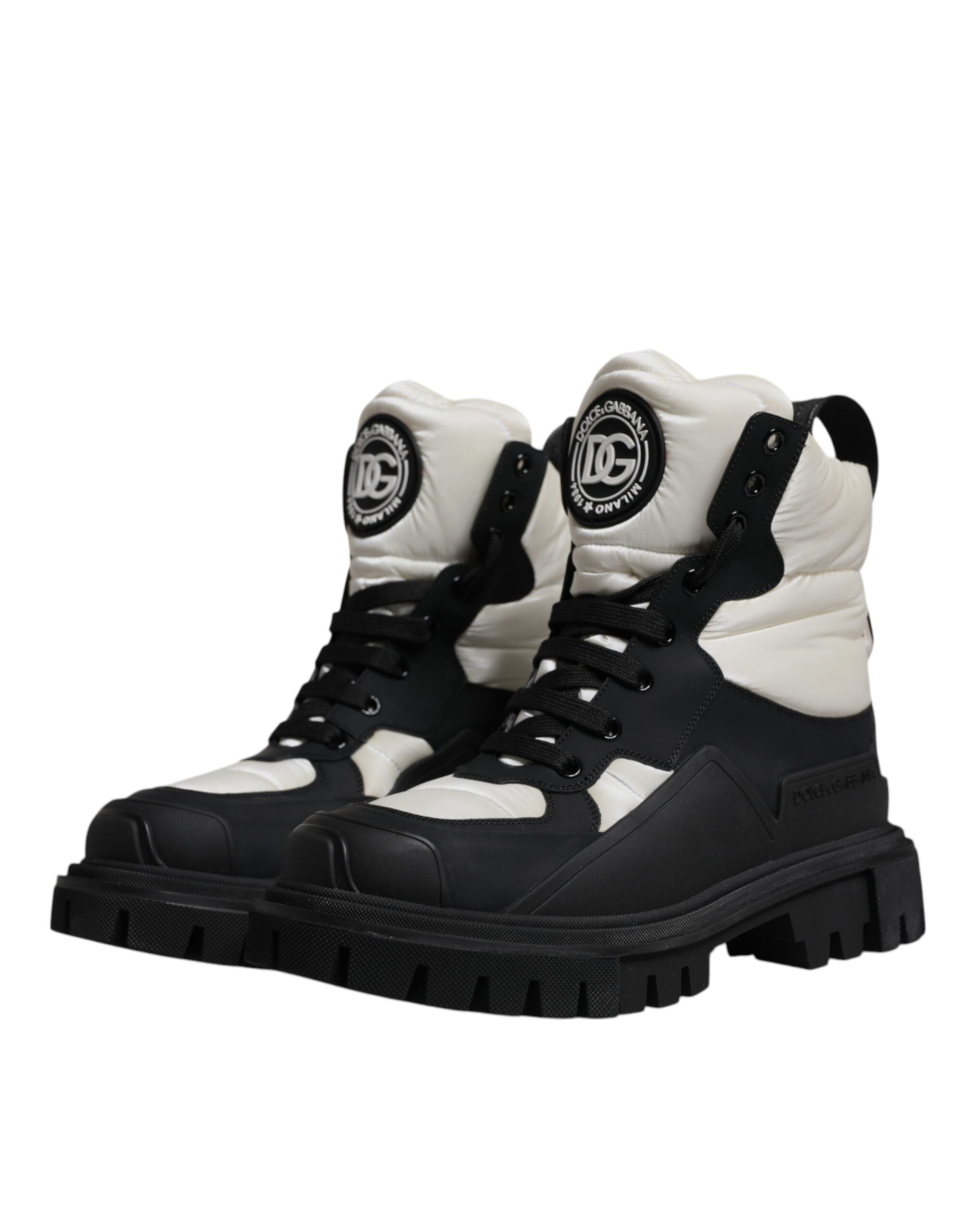 Dolce & Gabbana Schwarz Weiß Gepolsterte Mid Calf Lace Up Stiefel Schuhe