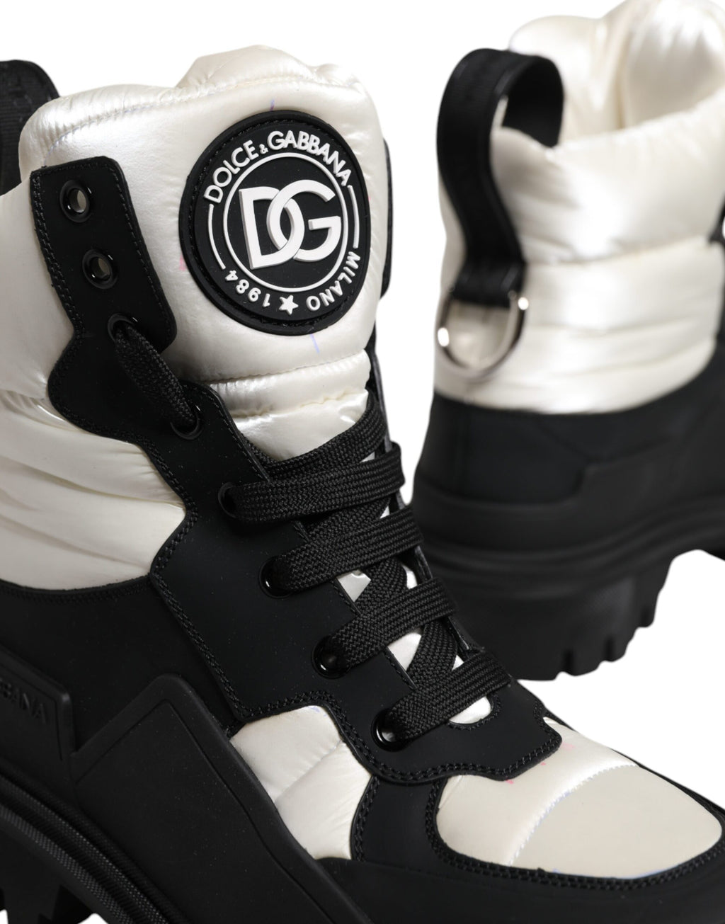 Dolce & Gabbana Schwarz Weiß Gepolsterte Mid Calf Lace Up Stiefel Schuhe