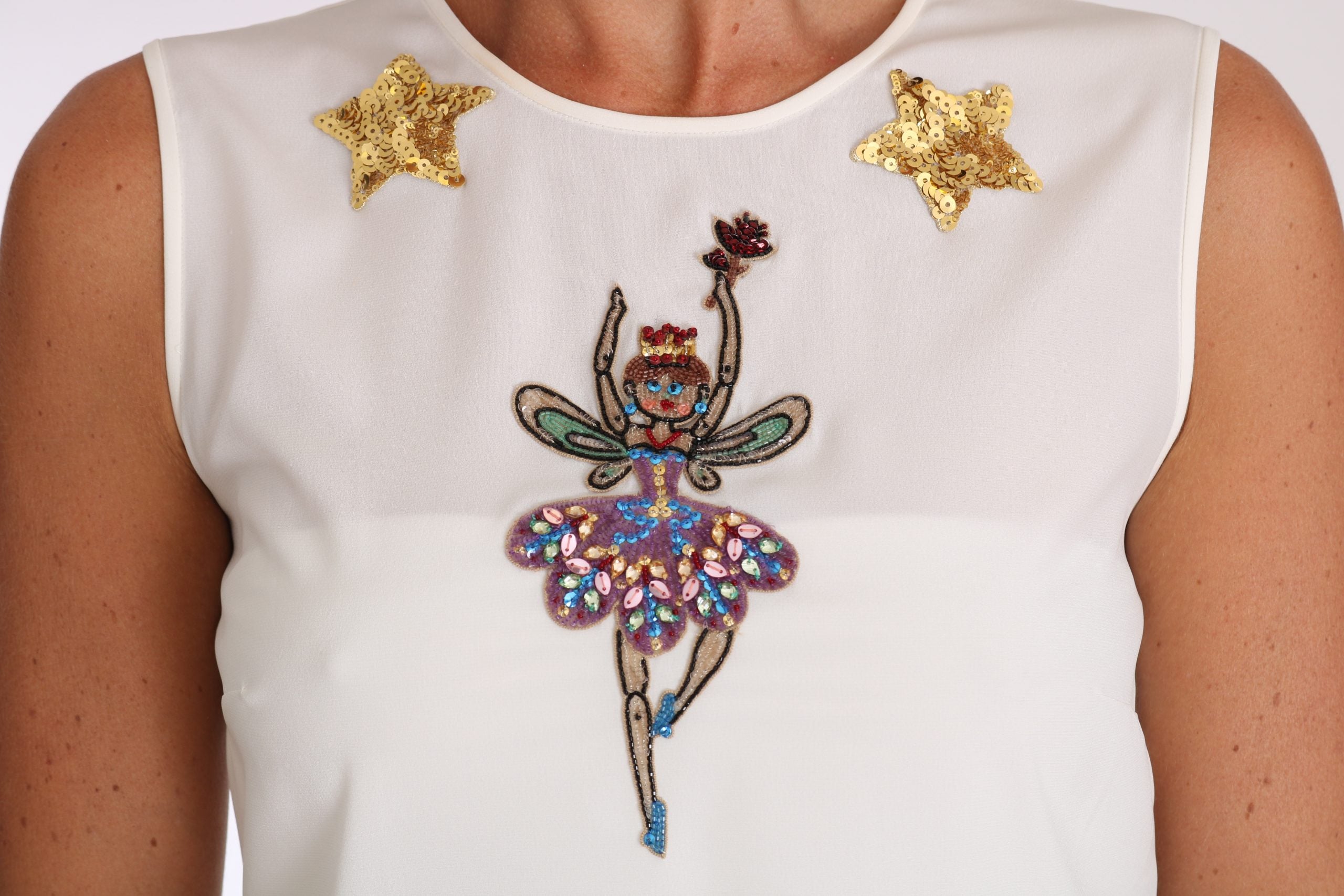 Dolce & Gabbana Weißes Seidentop mit Pailletten und Kristallverzierung