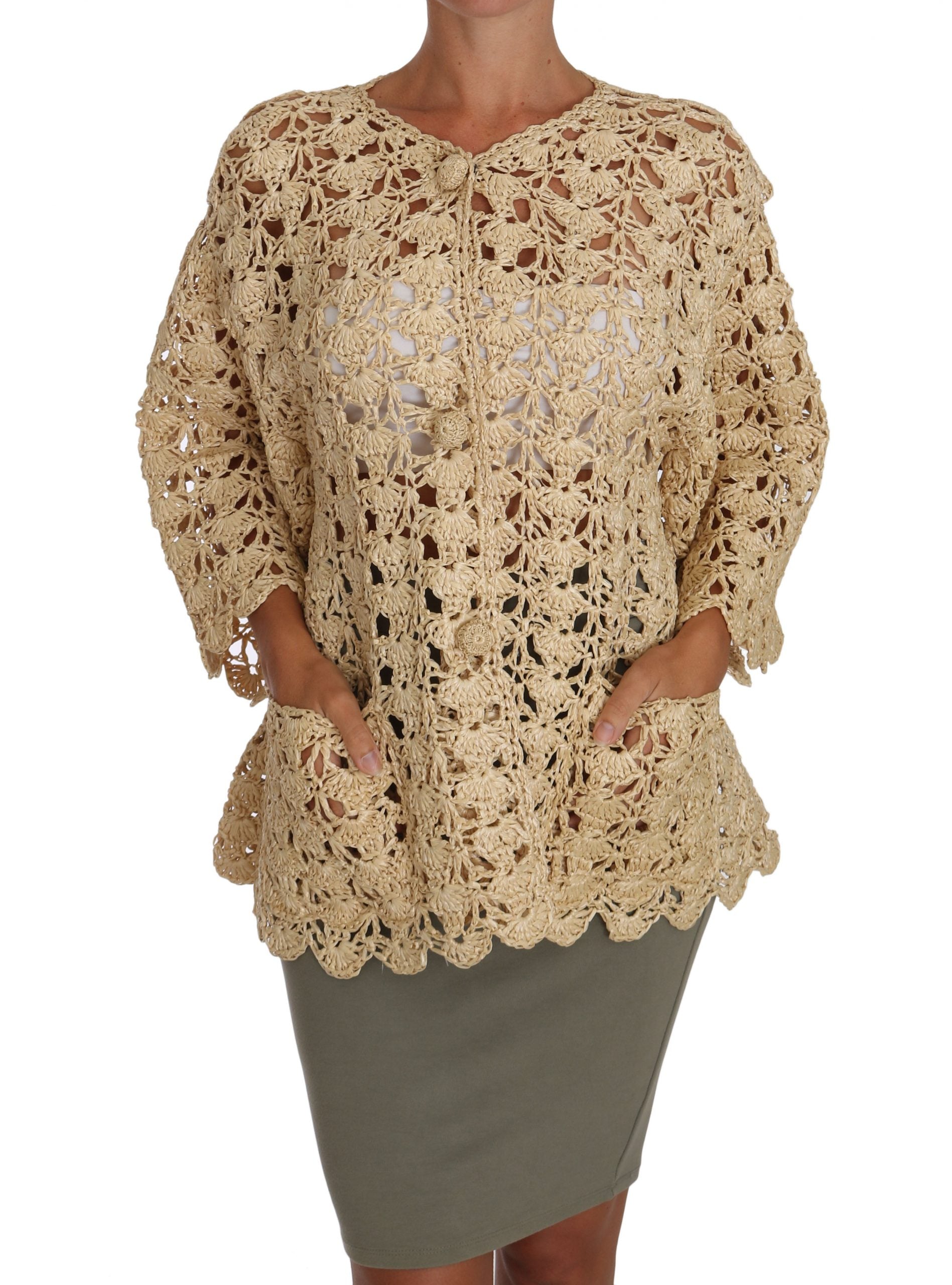 Dolce & Gabbana Beige Strickjacke gehäkelt gestrickt Raffia Pullover