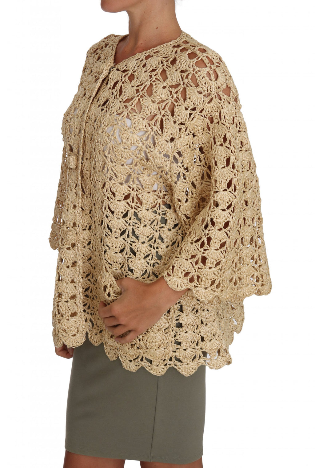 Dolce & Gabbana Beige Strickjacke gehäkelt gestrickt Raffia Pullover