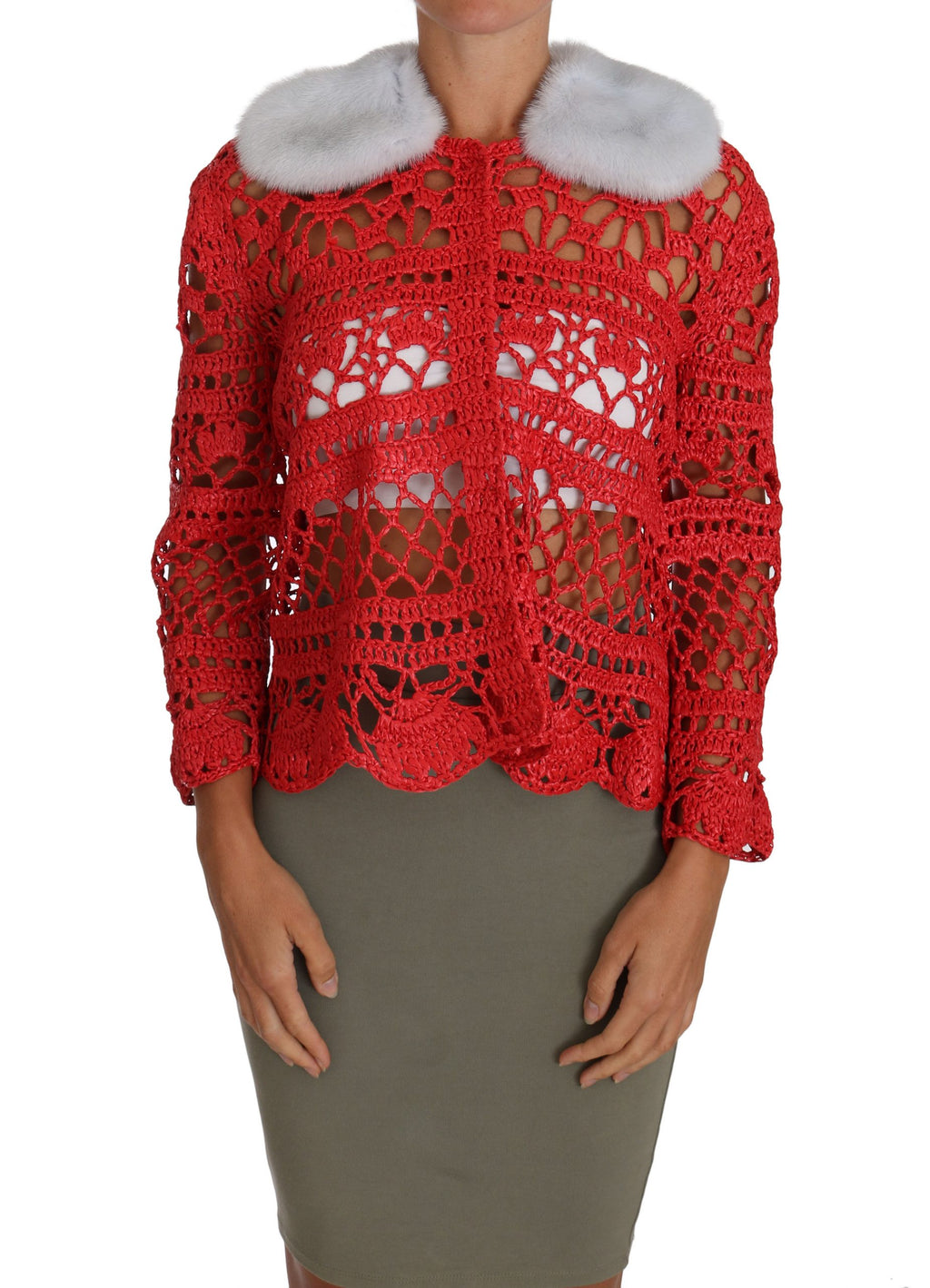 Dolce & Gabbana Rote Strickjacke gehäkelt gestrickt Raffia Pullover