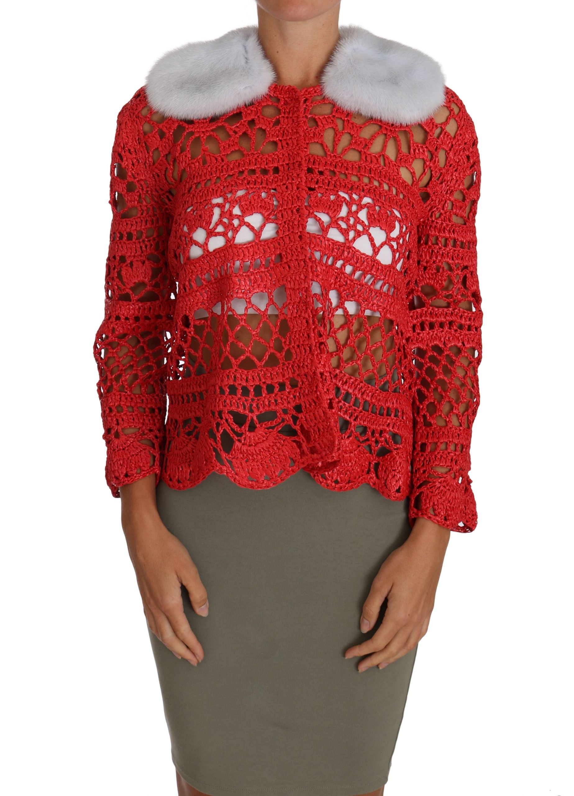 Dolce & Gabbana Rote Strickjacke gehäkelt gestrickt Raffia Pullover