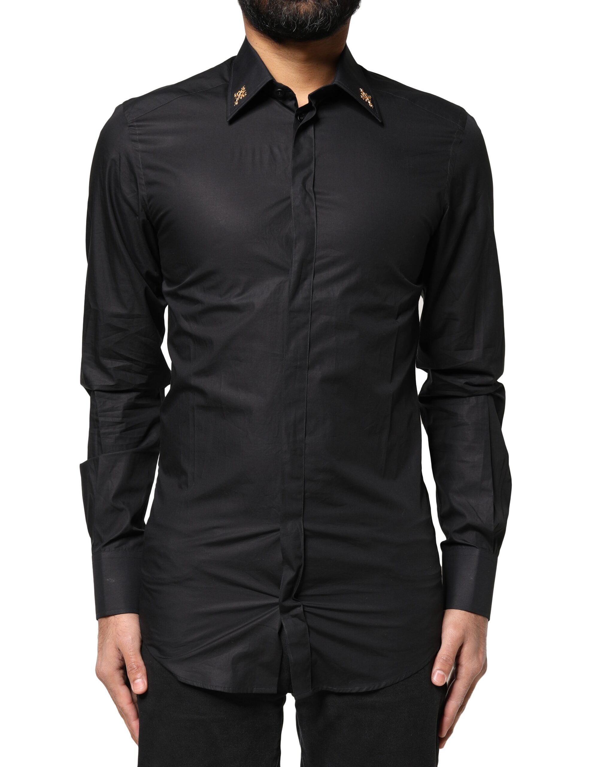 Dolce & Gabbana Schwarzes GOLD Kreuz verschönertes Herrenhemd